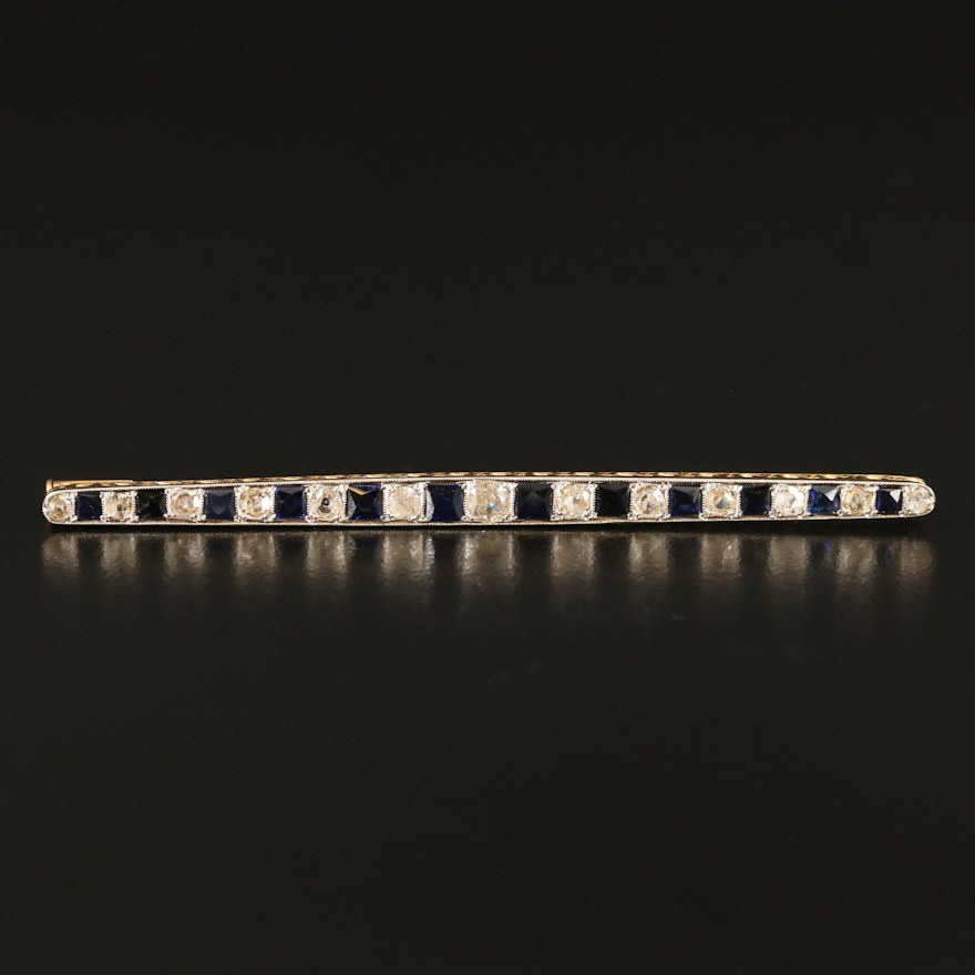 Edwardian 14K Diamond and Sapphire Bar Brooch with Platinum Accent