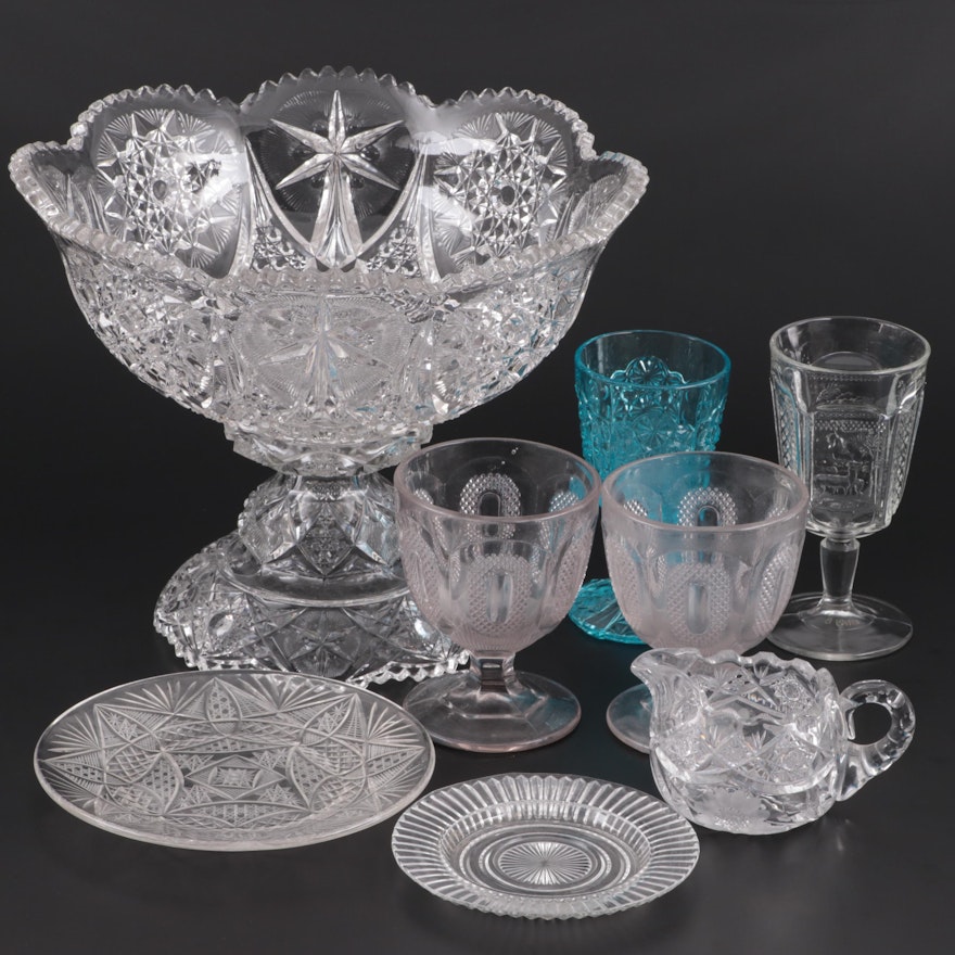 McKee "Yutec" Pressed Glass Punch Bowl on Stand with Pressed Glass Tableware