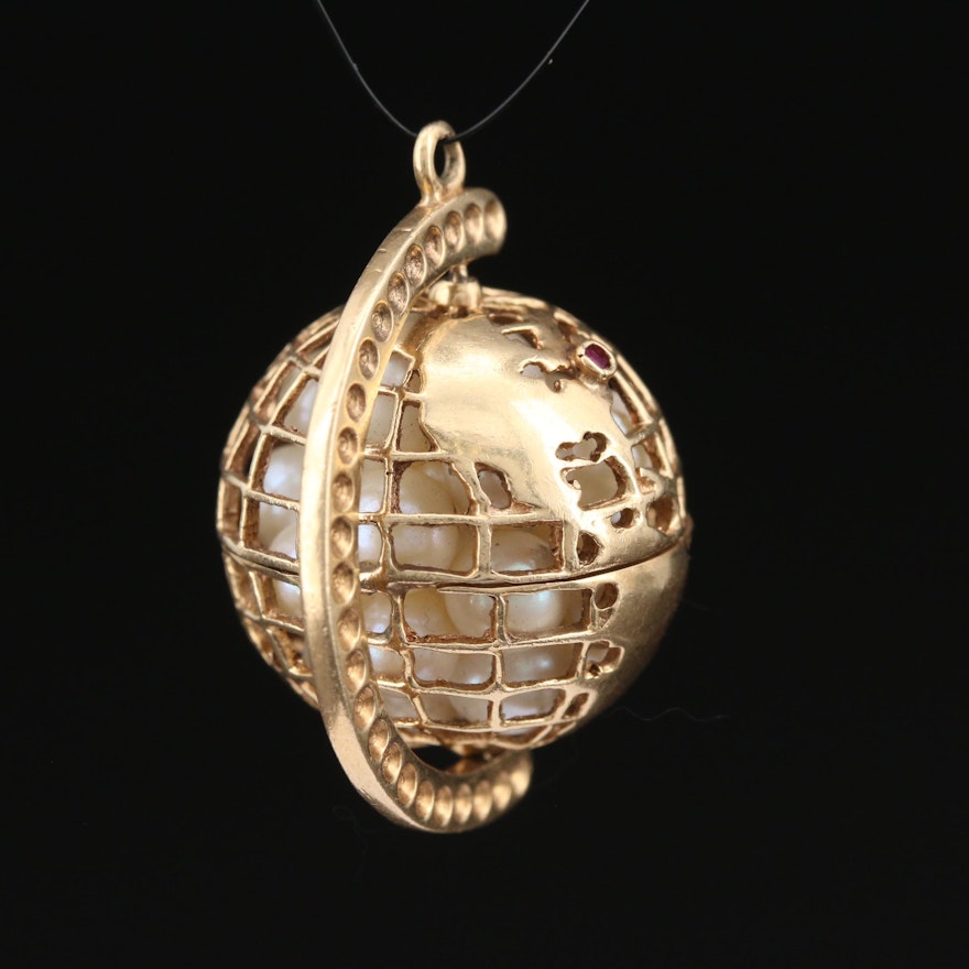 14 Pearl and Ruby Spinning Globe Pendant