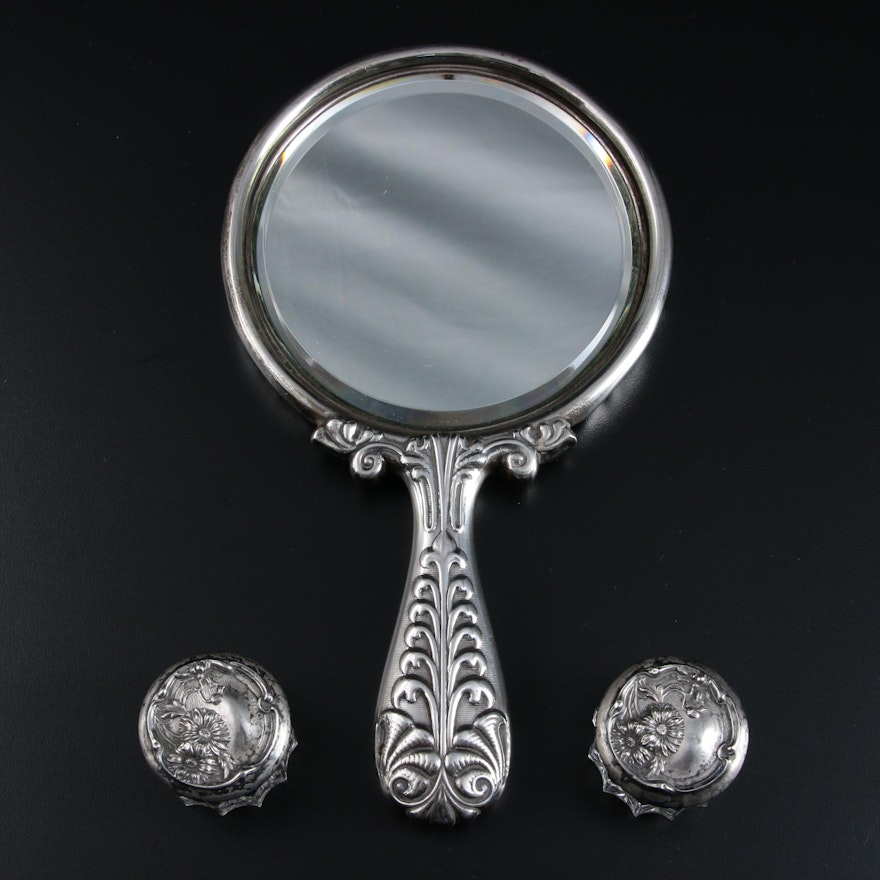 Gorham Sterling Silver Hand Mirror and Other Sterling Lidded Vanity Jars