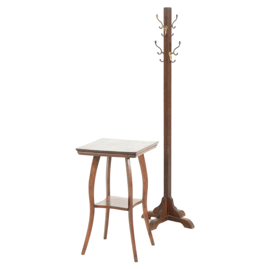 Oak and Brass Coat Rack and Two-Tier Occasional Table