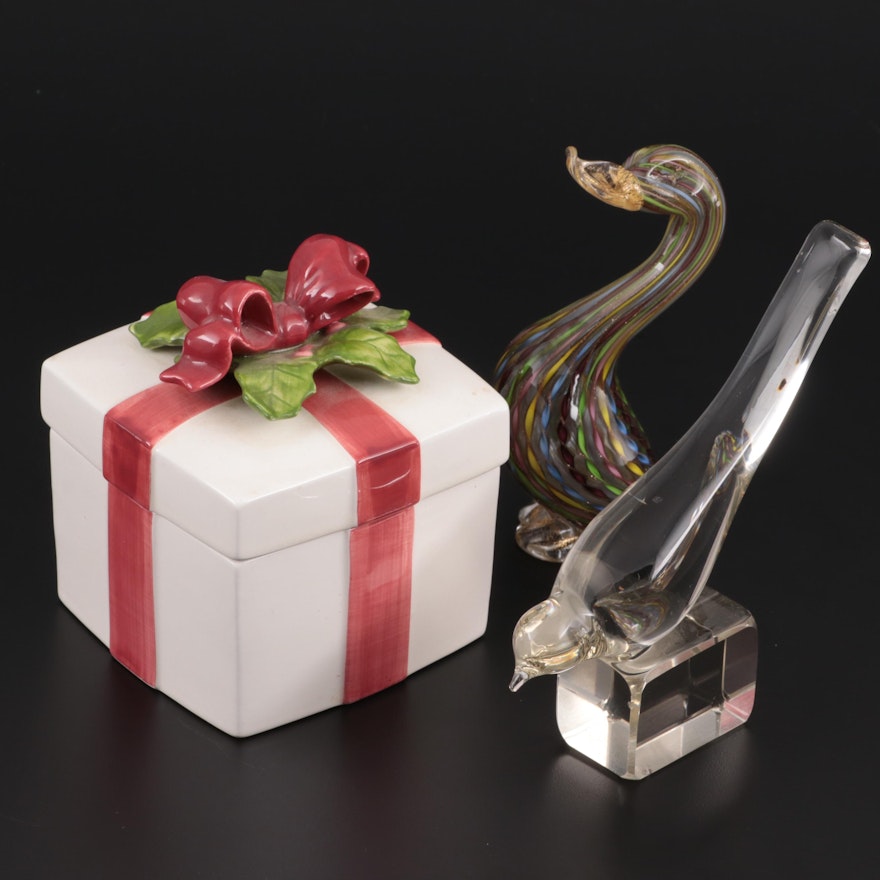 Art Glass Goose and Songbird Figurine with Ceramic Christmas Gift Box