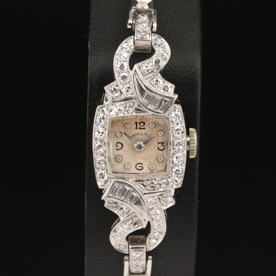 1954 Hamilton Platinum and 14K Diamond Stem Wind Wristwatch