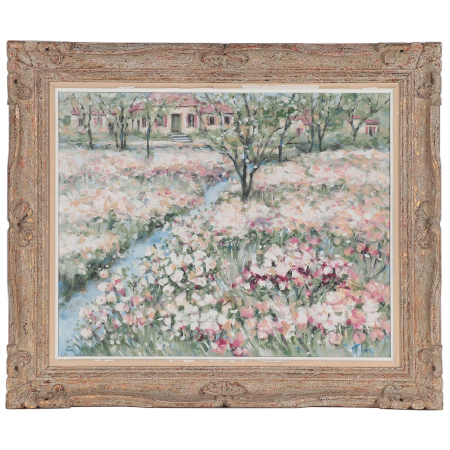 Landscape Oil Painting of Flower Field, Late 20th Century