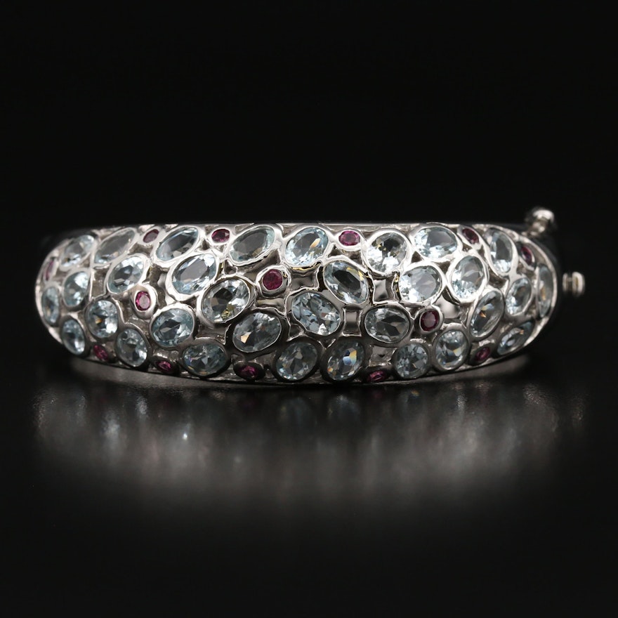 Sterling Aquamarine and Garnet Hinged Bangle