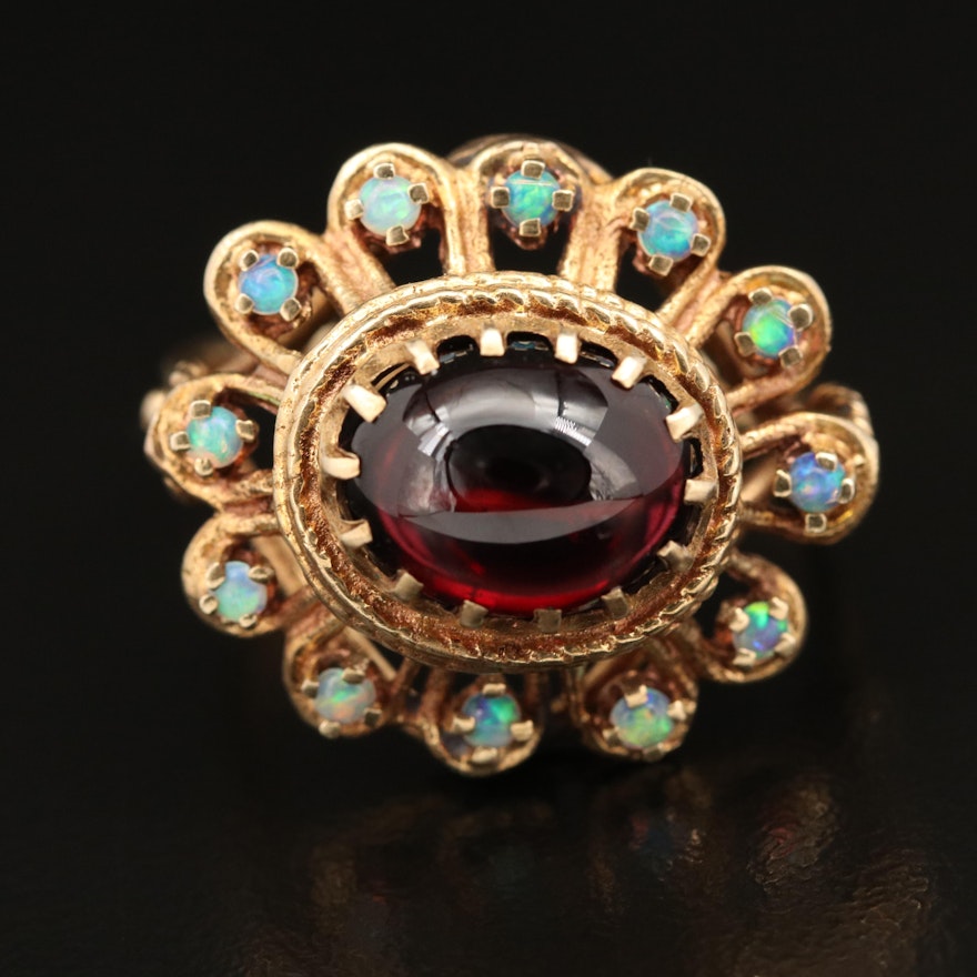 Vintage 14K Garnet Cabochon and Opal Ring