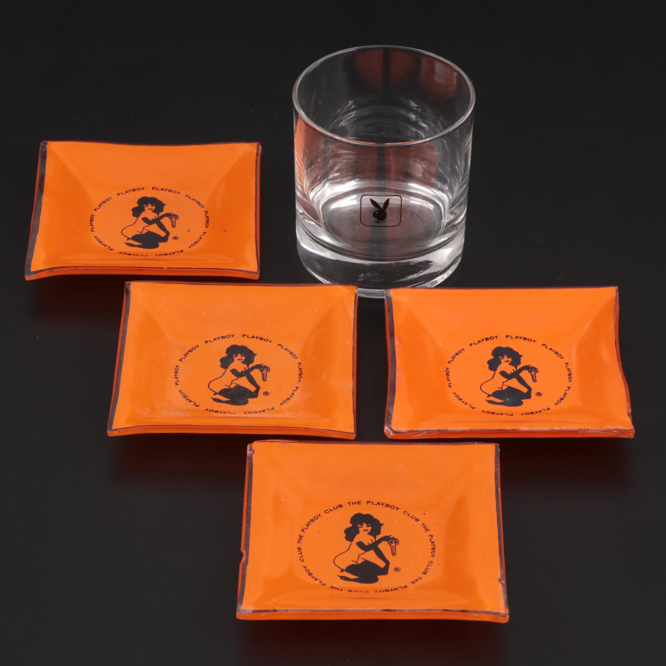 Playboy Club Glass Ash Trays and Playboy Bunny Logo Whiskey Glass