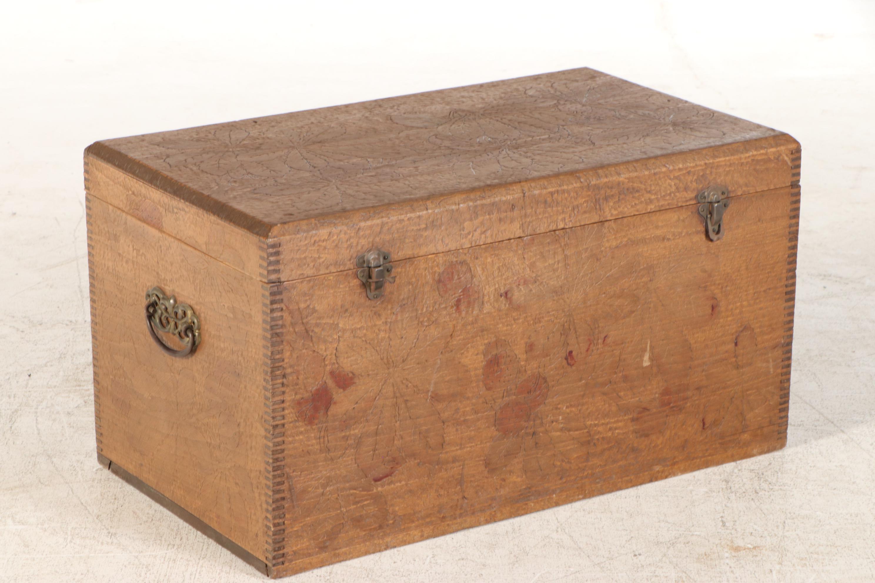 Pyrography-Decorated Wooden Chest, Early 20th Century