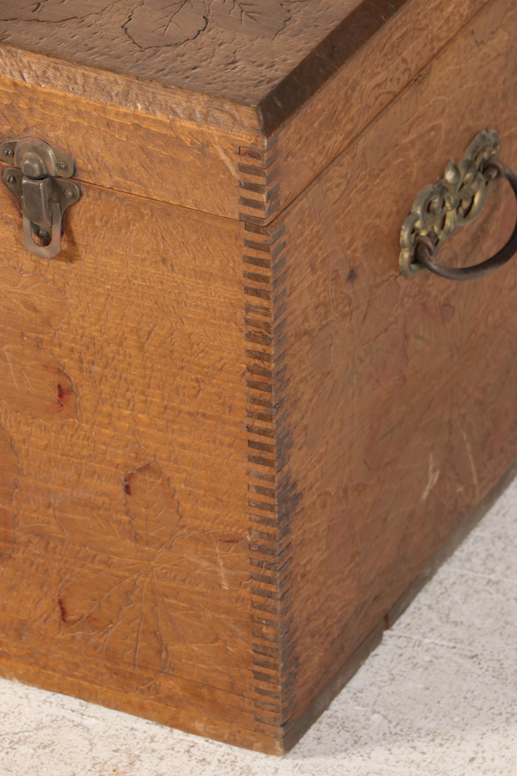 Pyrography-Decorated Wooden Chest, Early 20th Century