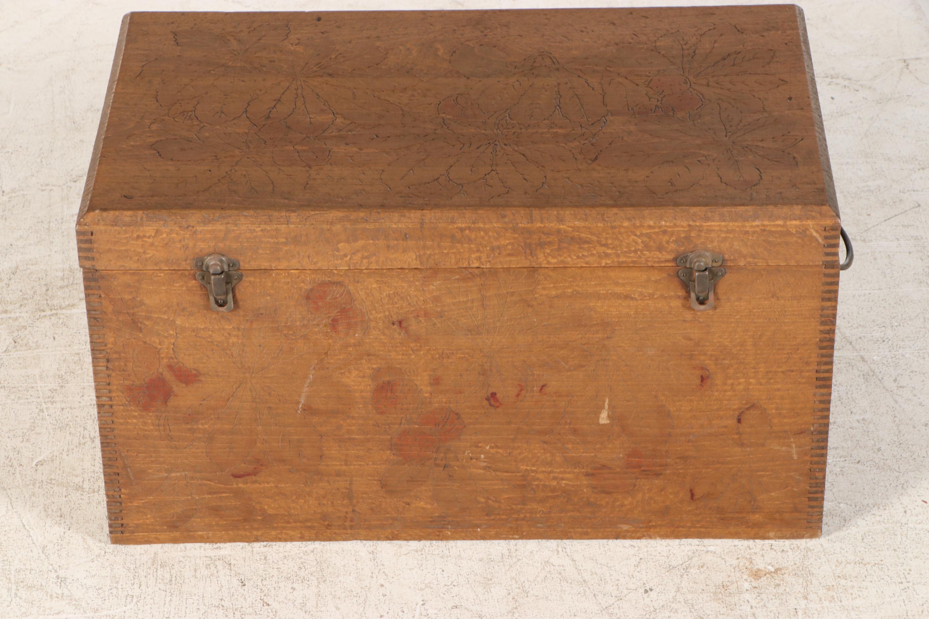 Pyrography-Decorated Wooden Chest, Early 20th Century