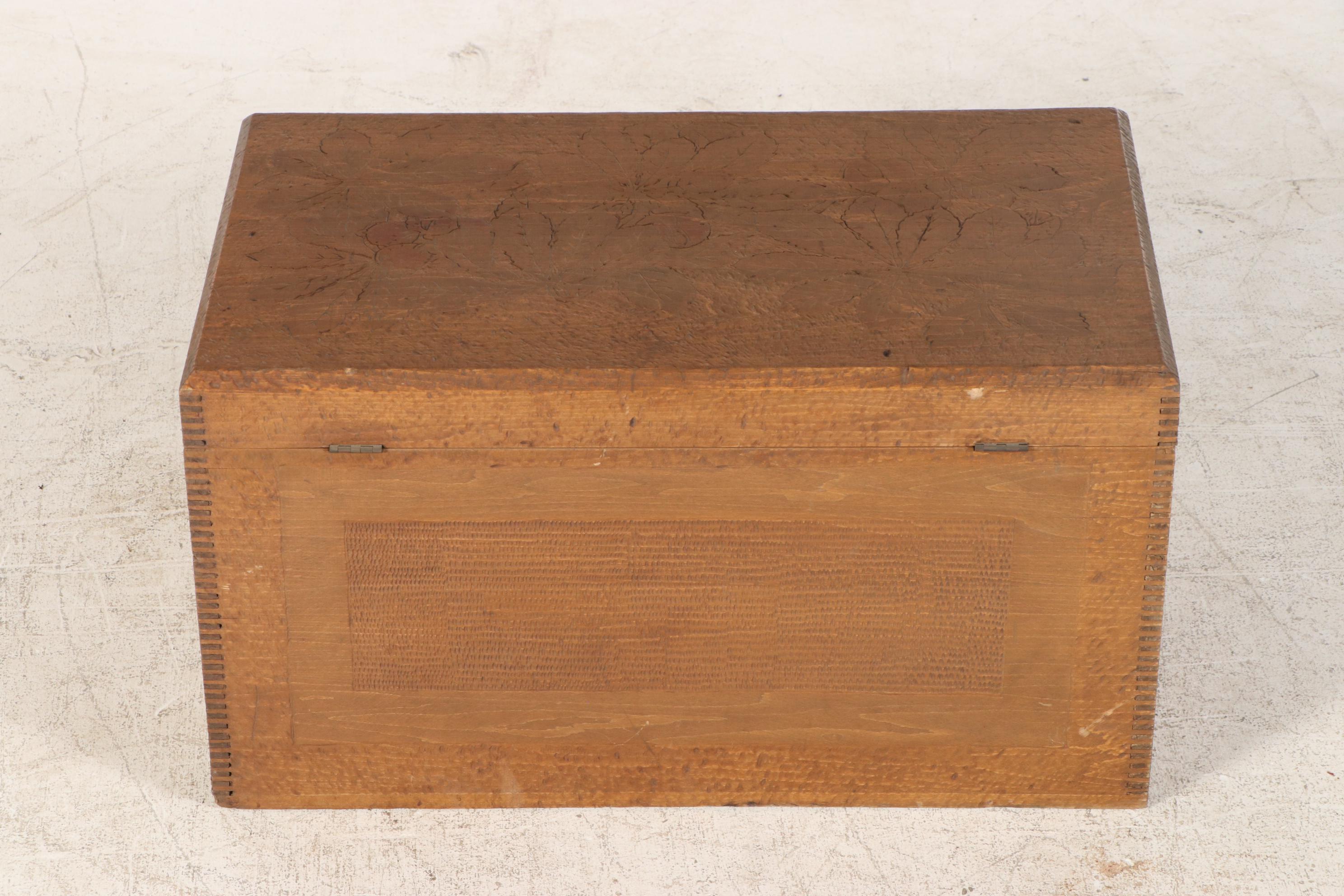 Pyrography-Decorated Wooden Chest, Early 20th Century