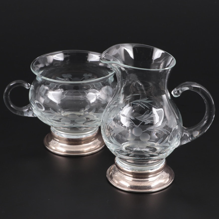Etched Glass Creamer and Sugar Bowl with Sterling Silver Rimmed Bases