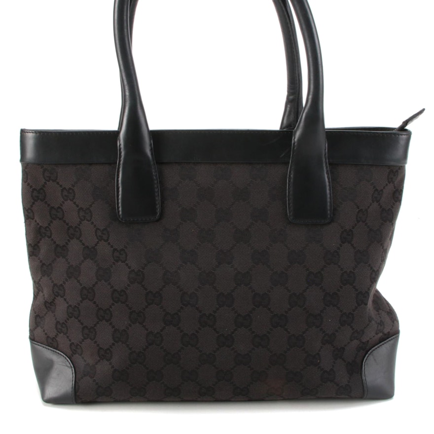 Gucci Medium Tote in Black GG Canvas with Leather Trim