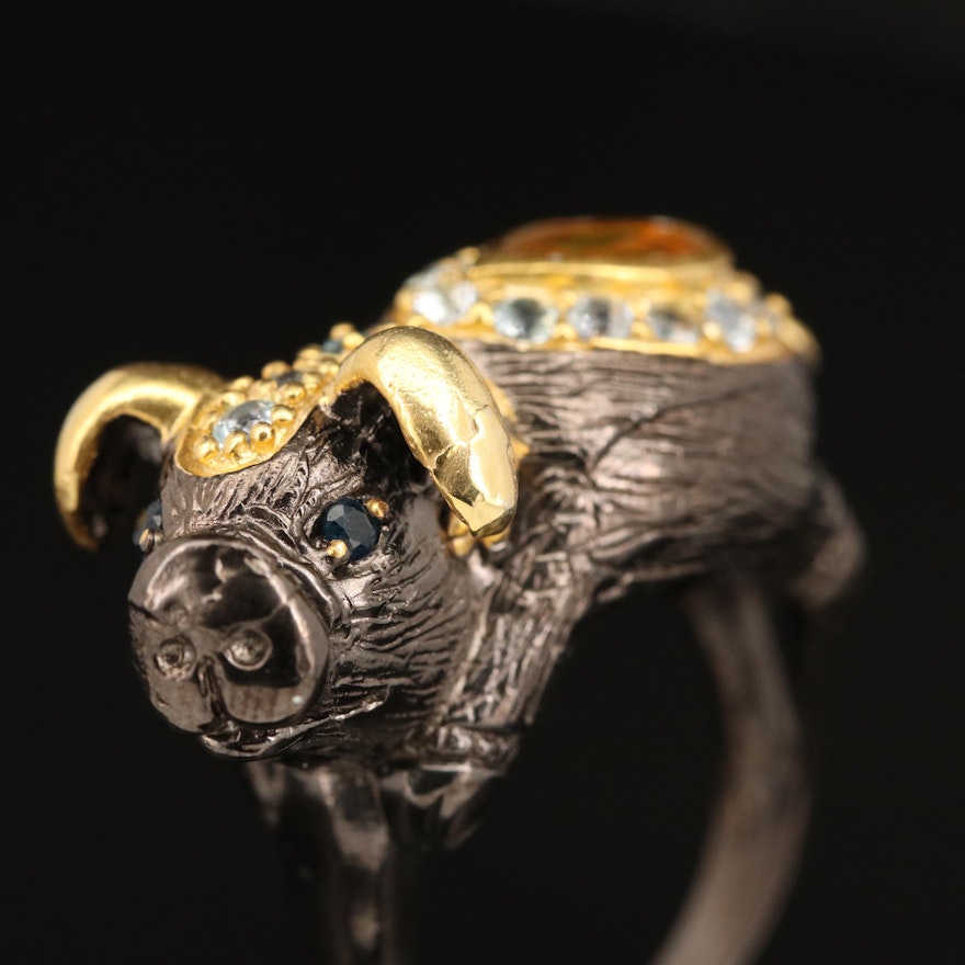 Sterling Opal, Topaz, and Sapphire Pig Ring