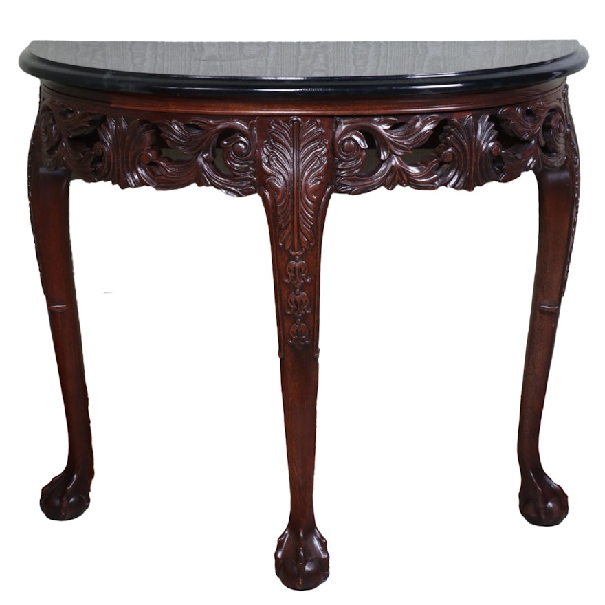 George III Style Marble and Mahogany-Finish Wood Demilune Table