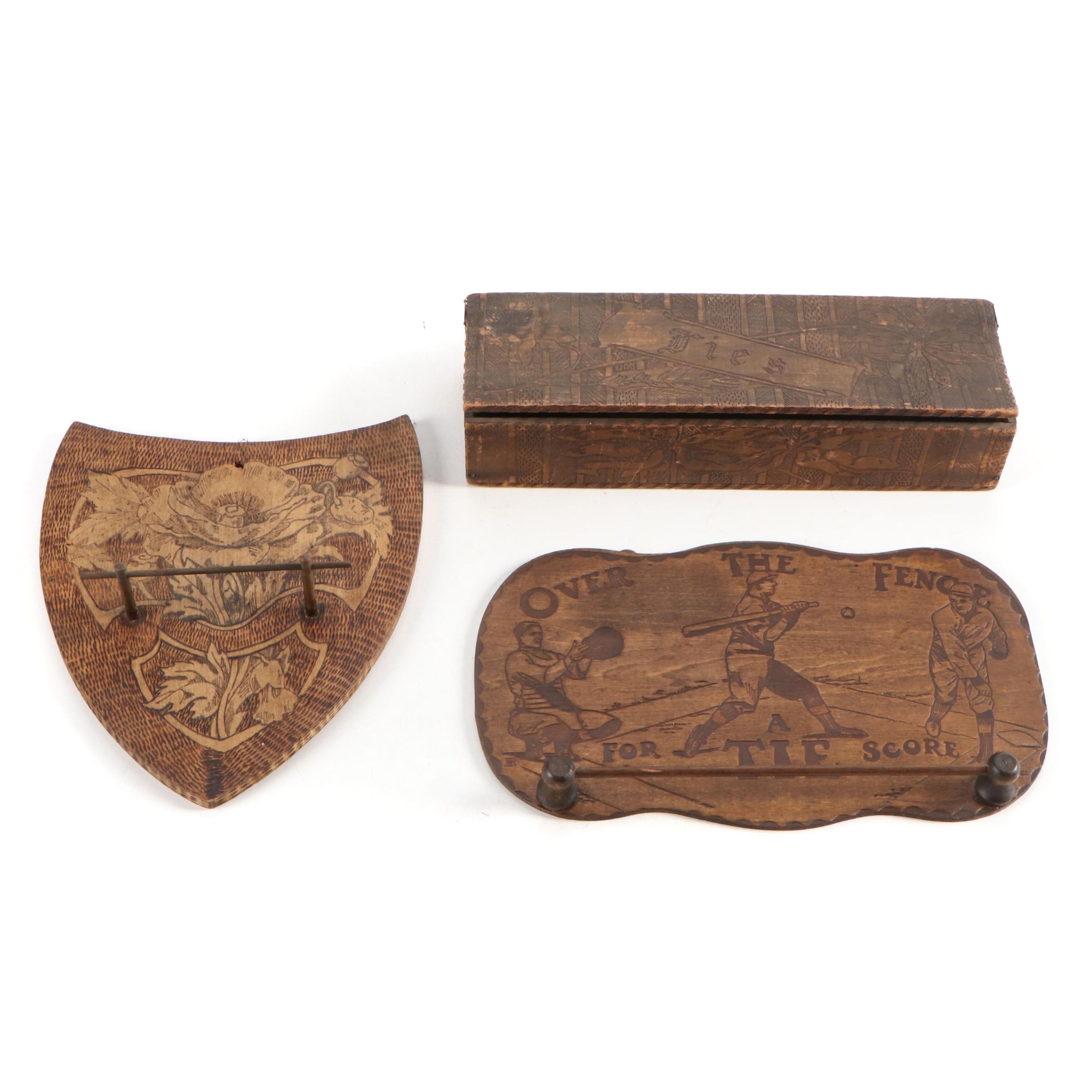 Flemish Art Co. Pyrography Rack with Other Tie Rack and Tie Box