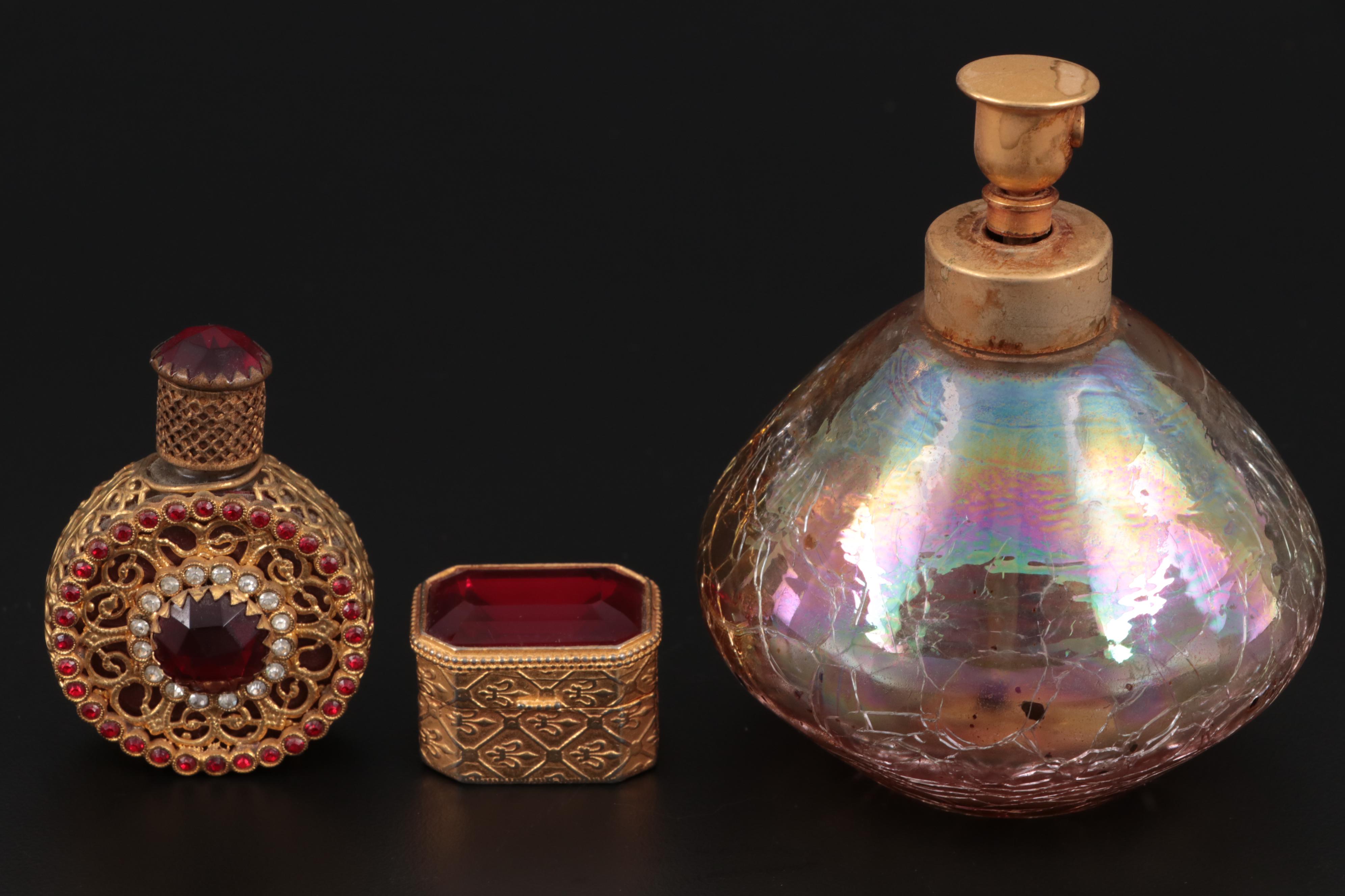 Py-Ra-Lin Ivory Vanity Mirror with Glass and Ceramic Perfume Bottles and Box