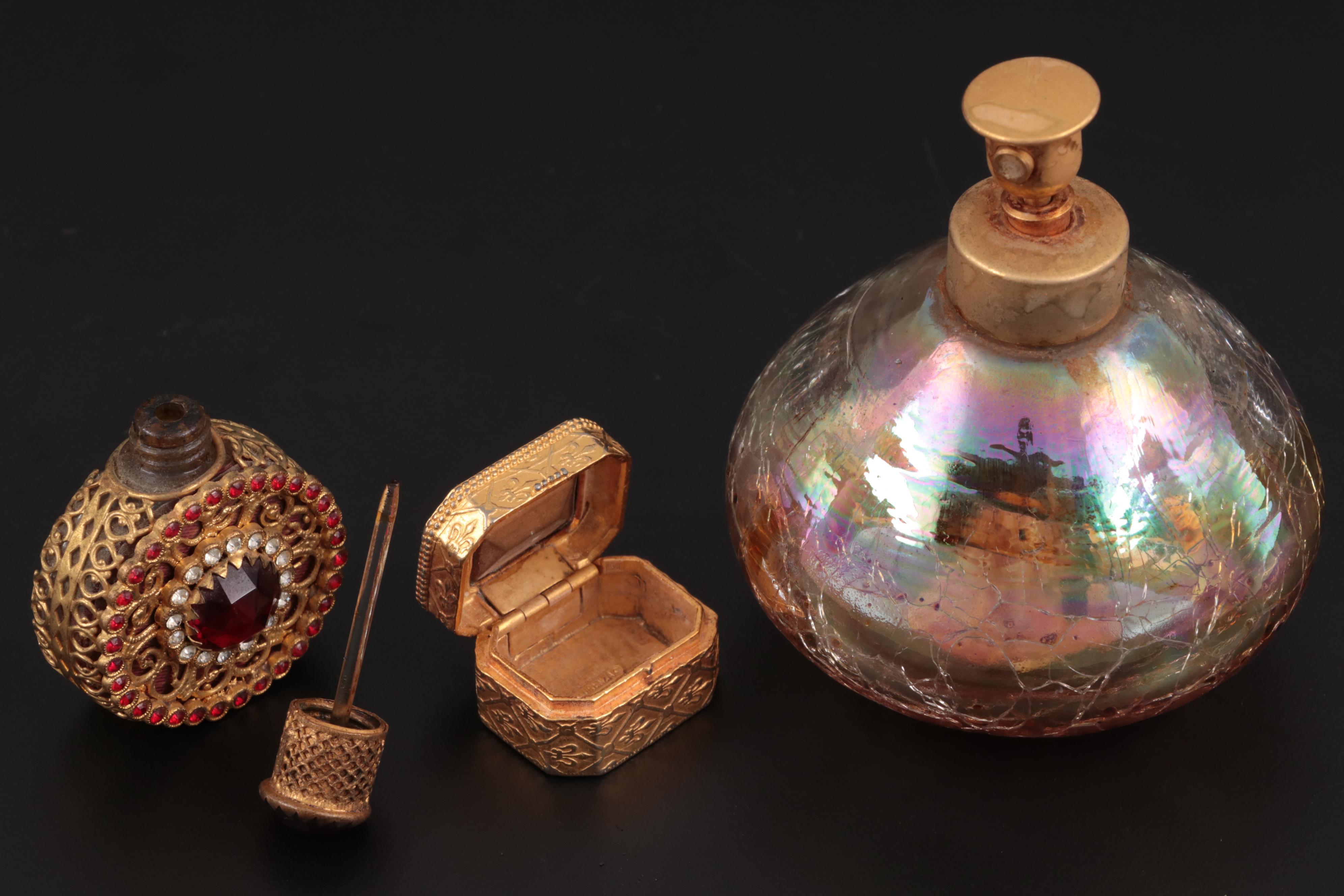 Py-Ra-Lin Ivory Vanity Mirror with Glass and Ceramic Perfume Bottles and Box