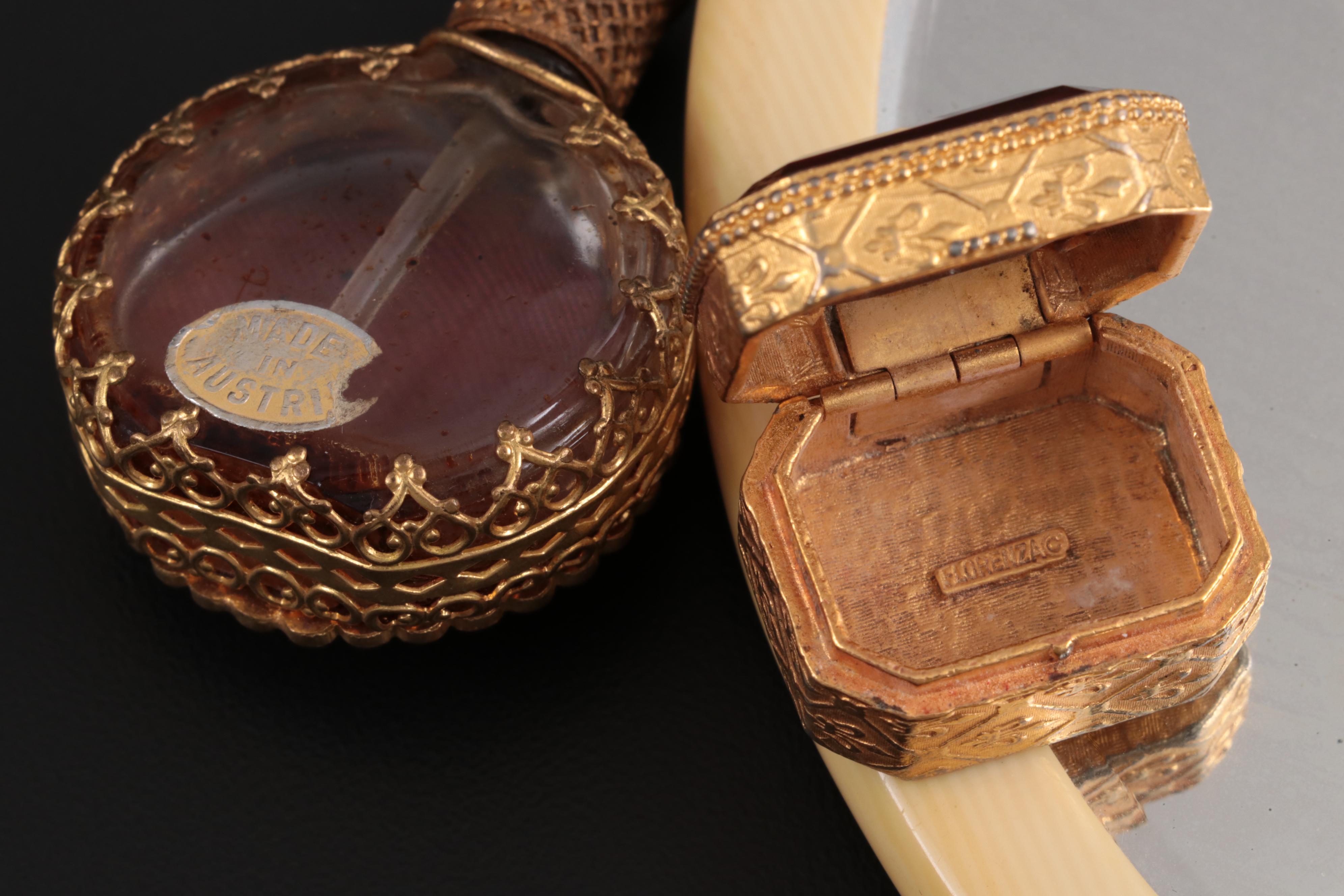 Py-Ra-Lin Ivory Vanity Mirror with Glass and Ceramic Perfume Bottles and Box