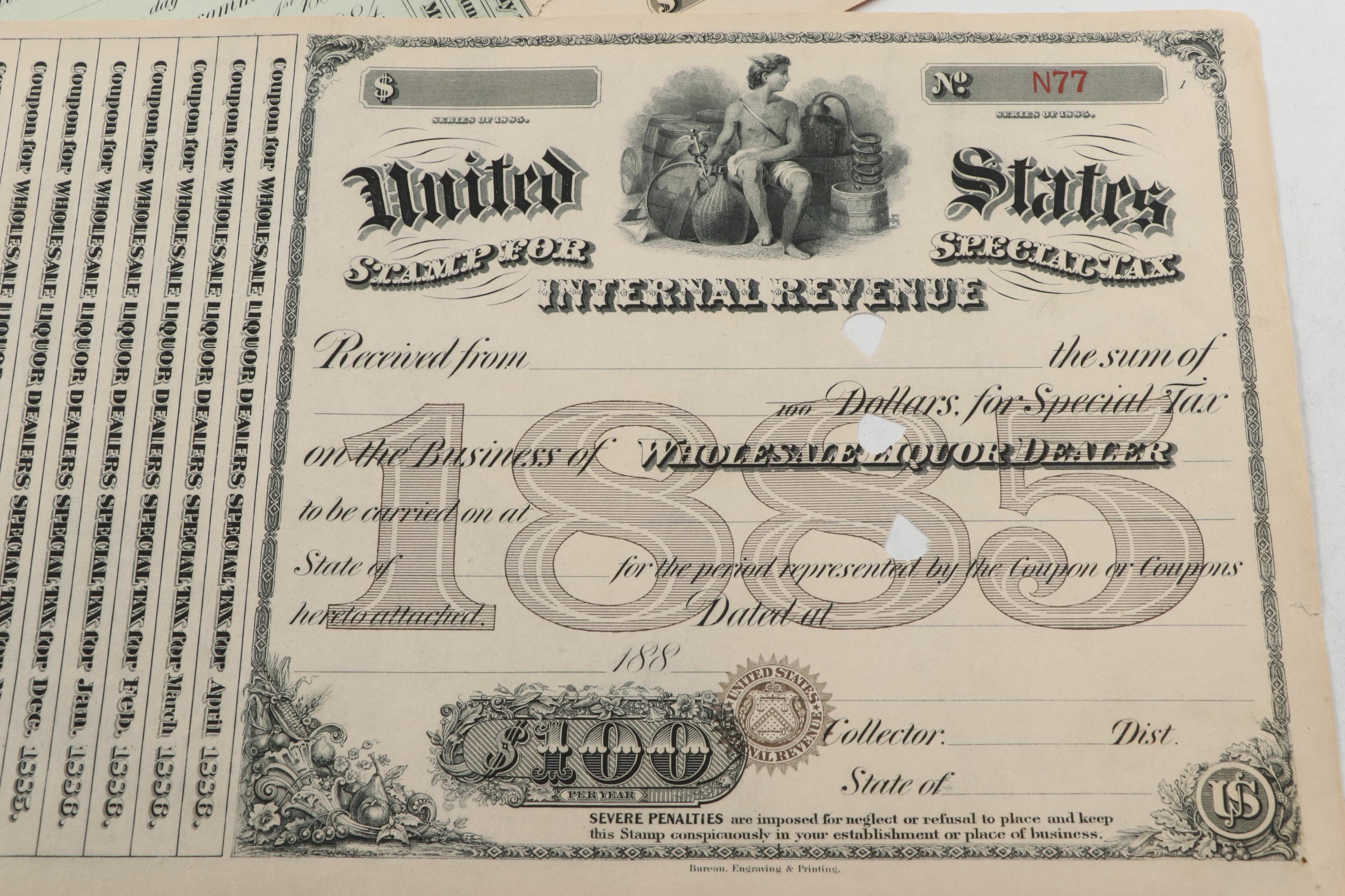 United States Internal Revenue Stamp Special Tax Certificates, 1870s-1880s