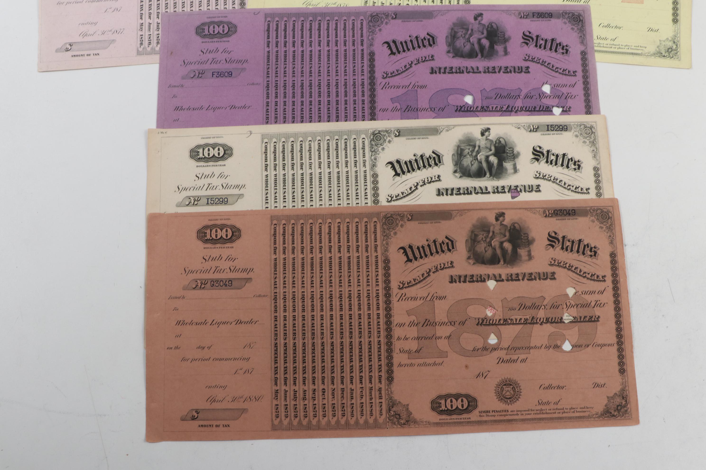 United States Internal Revenue Stamp Special Tax Certificates, 1870s-1880s