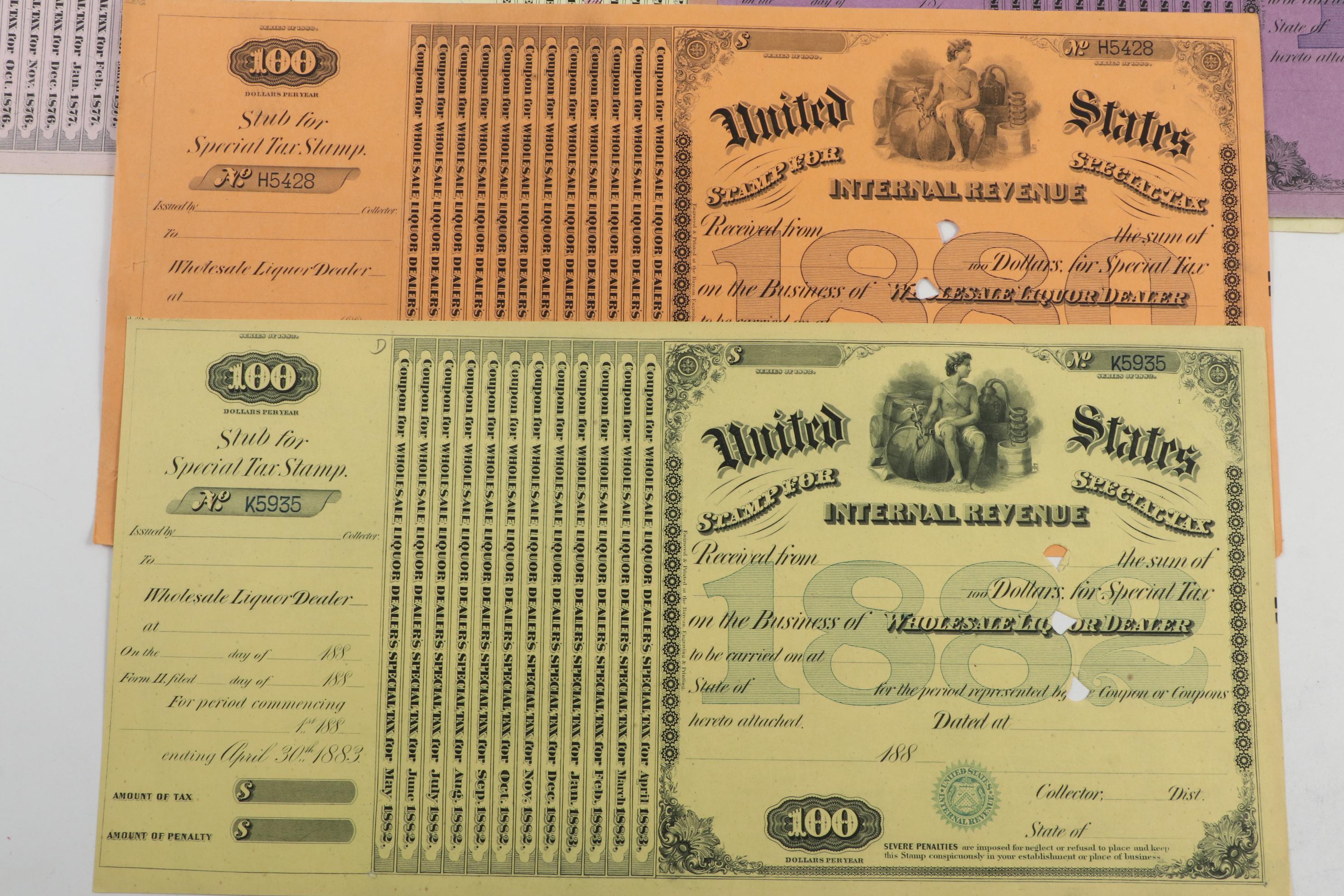 United States Internal Revenue Stamp Special Tax Certificates, 1870s-1880s