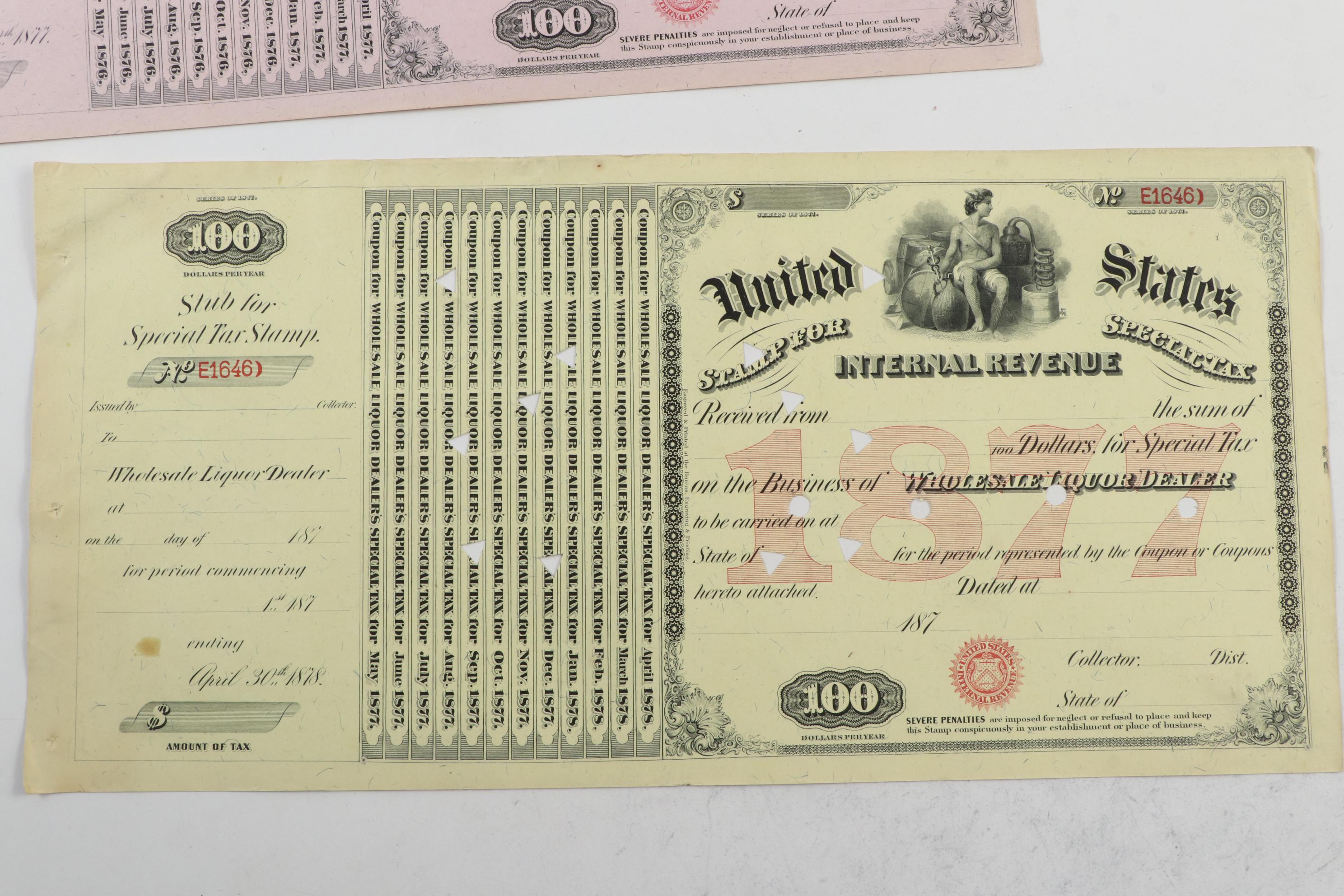 United States Internal Revenue Stamp Special Tax Certificates, 1870s-1880s