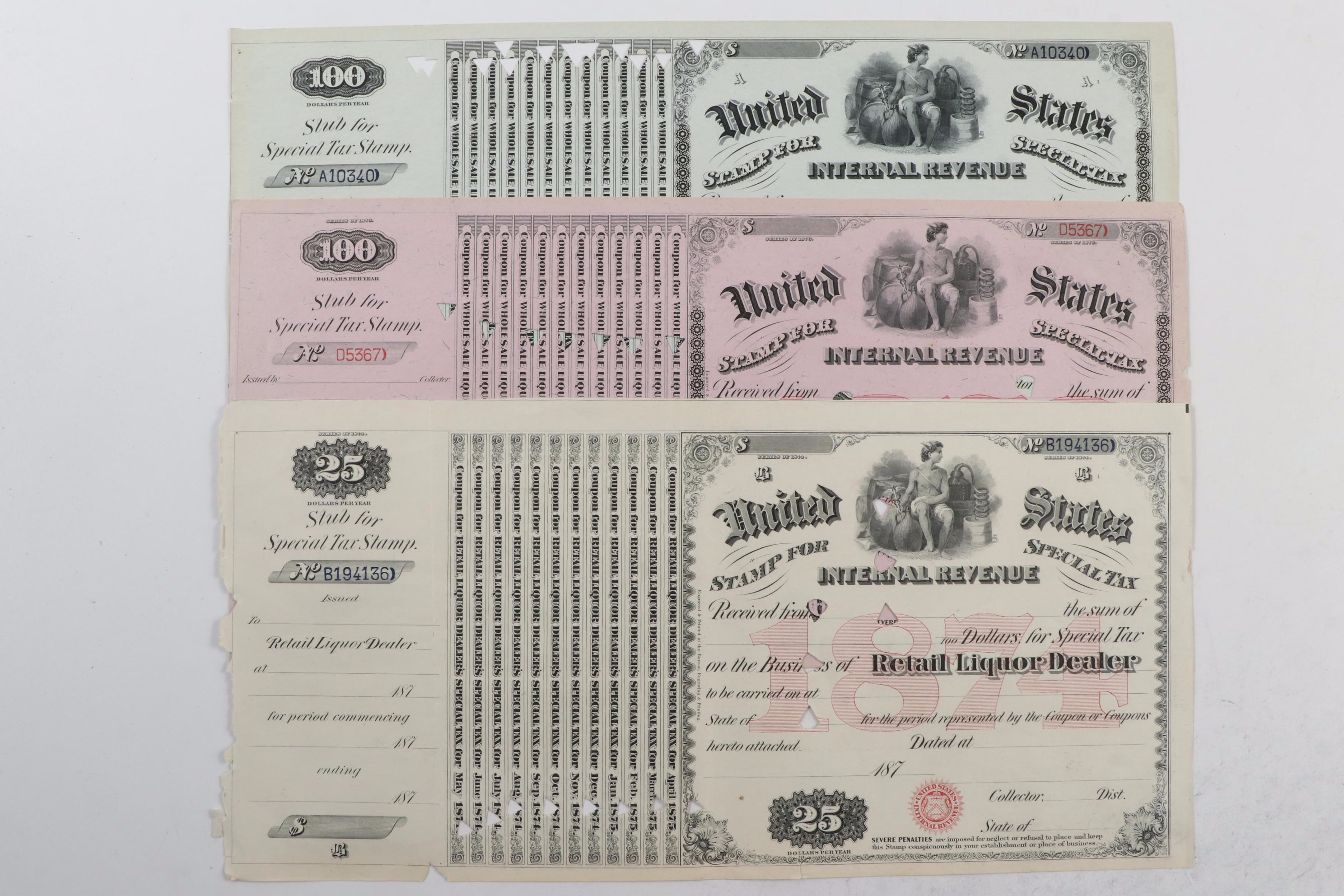 United States Internal Revenue Stamp Special Tax Certificates, 1870s-1880s