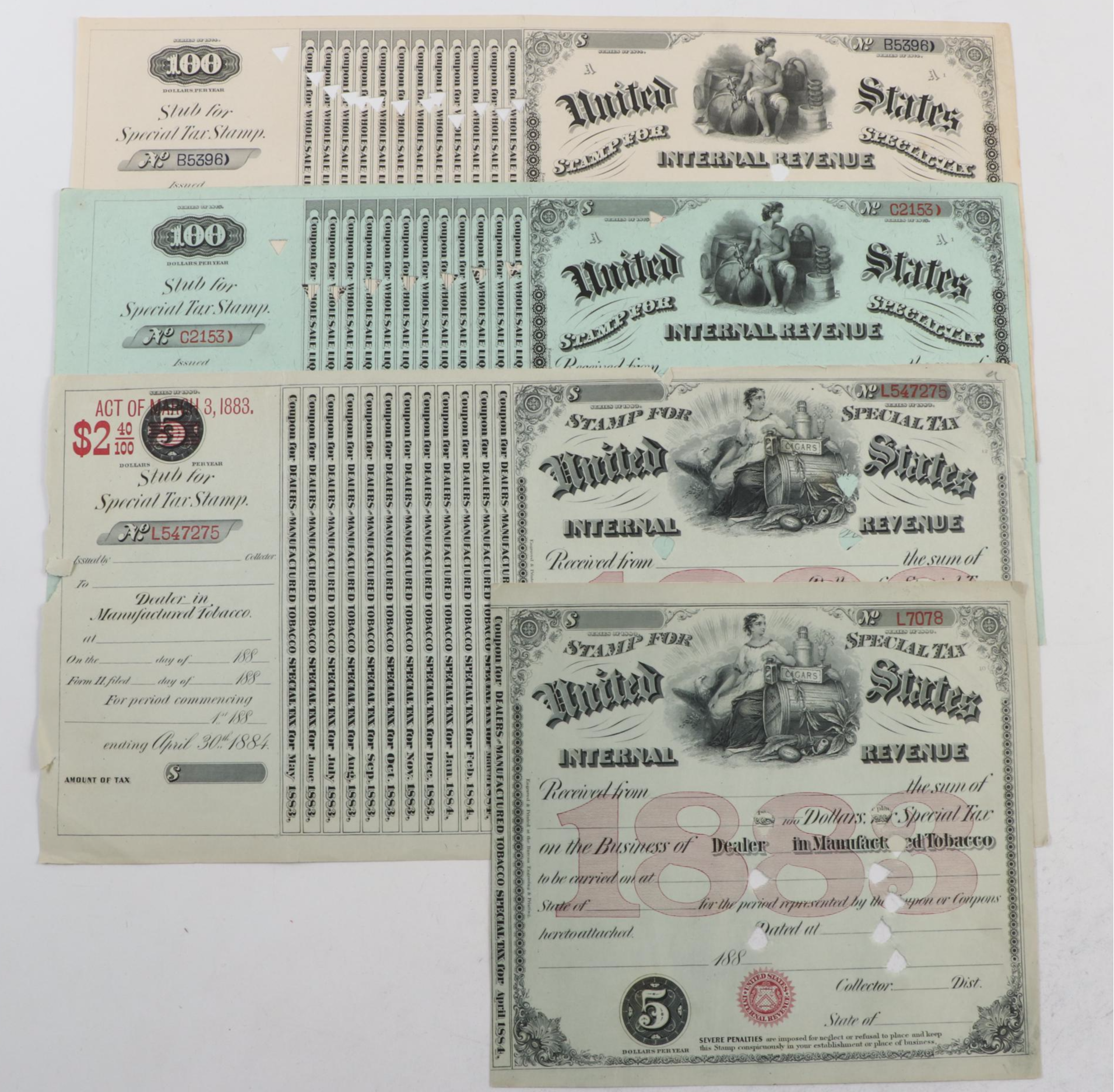United States Internal Revenue Stamp Special Tax Certificates, 1870s-1880s