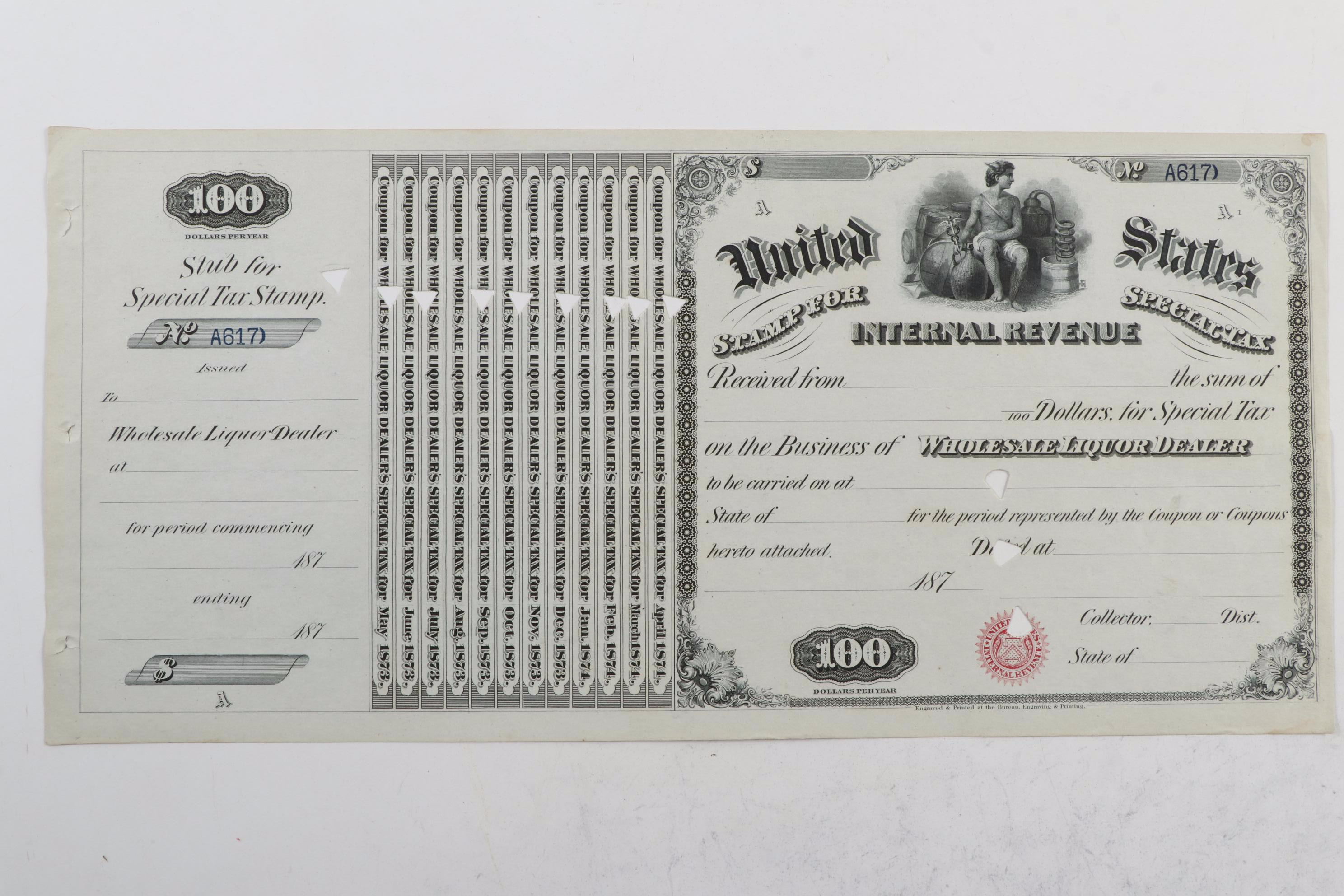 United States Internal Revenue Stamp Special Tax Certificates, 1870s-1880s