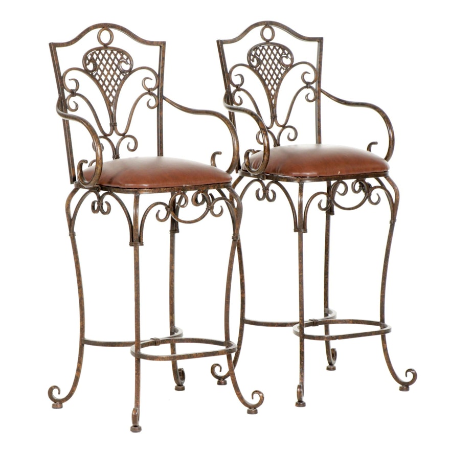 Pair of Contemporary Upholstered Metal Bar Stools