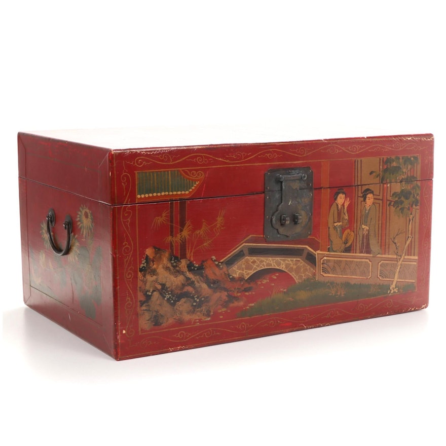 Hand-Painted Red Lacquer Chinese Trunk