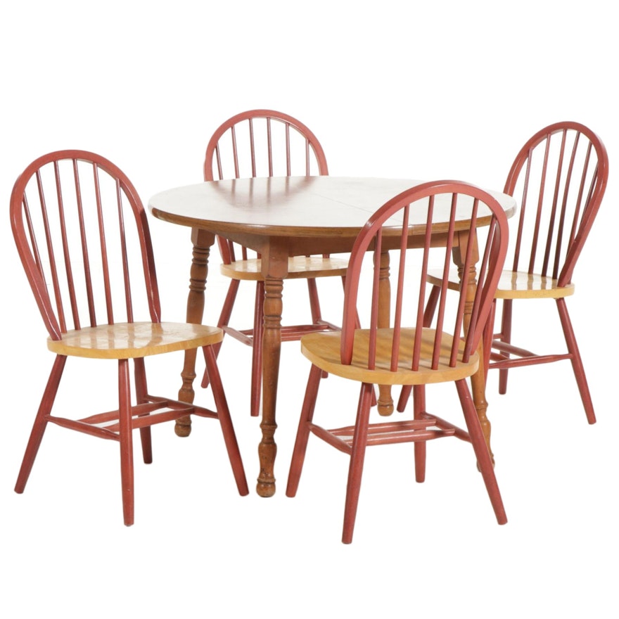 American Primitive Style Dining Table with Four Parcel Painted Spindle Chairs