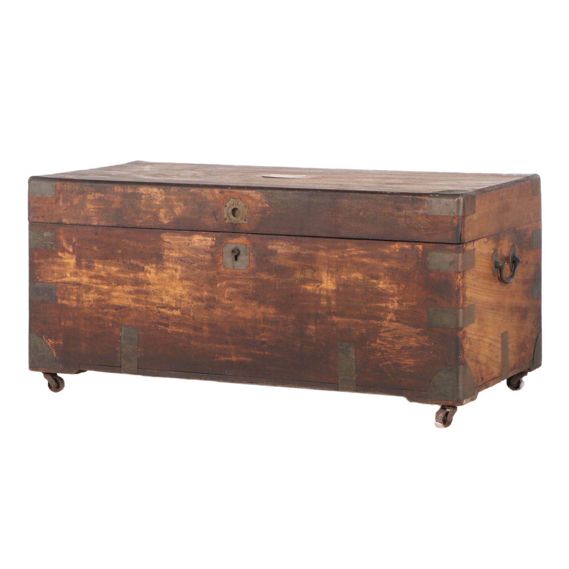 Rustic Style Wooden Metal Clad Lift-Top Chest / Coffee Table, 20th Century