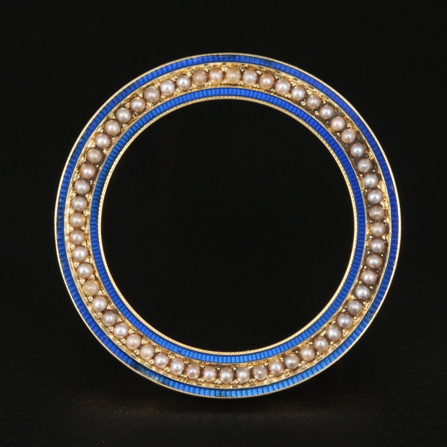 Early 1900s Carter, Gough & Co. 14K Seed Pearl and Enamel Circle Brooch