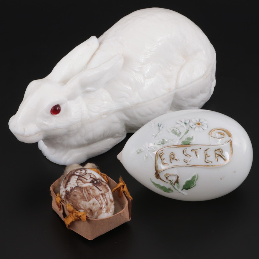 Milk Glass Rabbit Form Dish with Easter Themed Egg Figurines