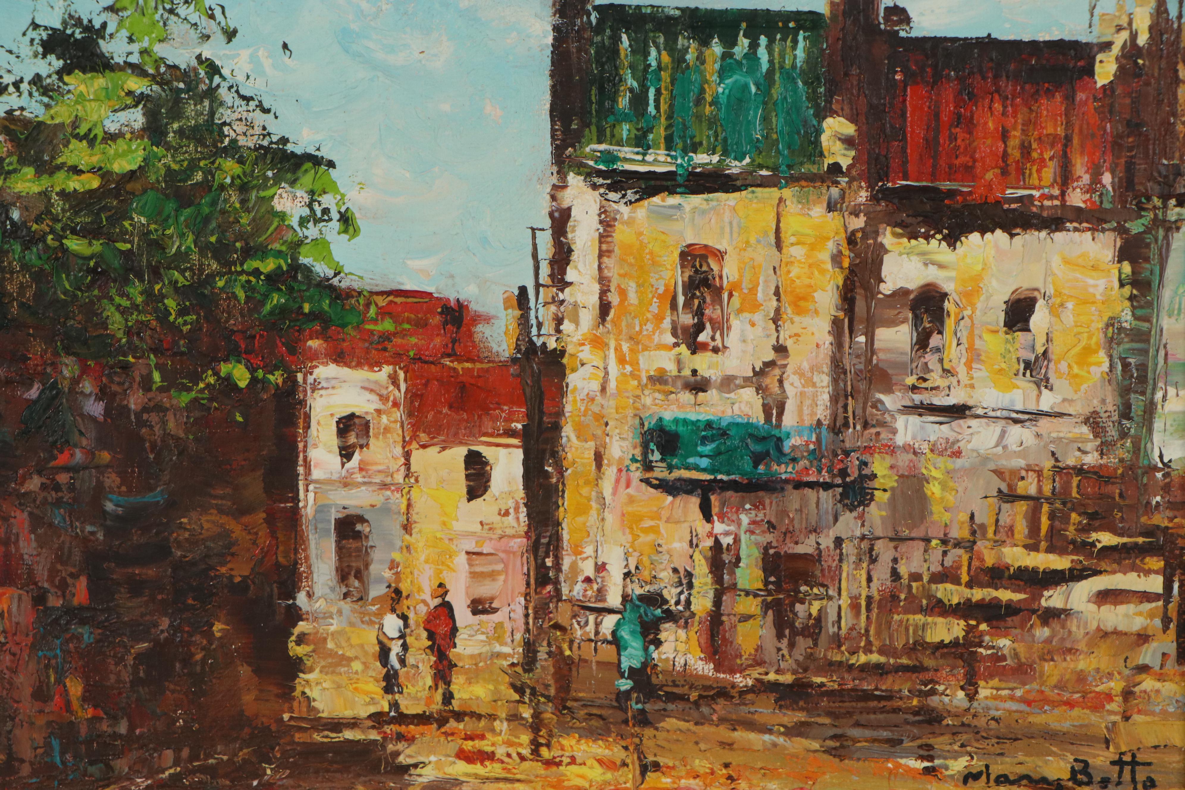 Mary Botto European Street Scene Oil Painting, Late 20th Century