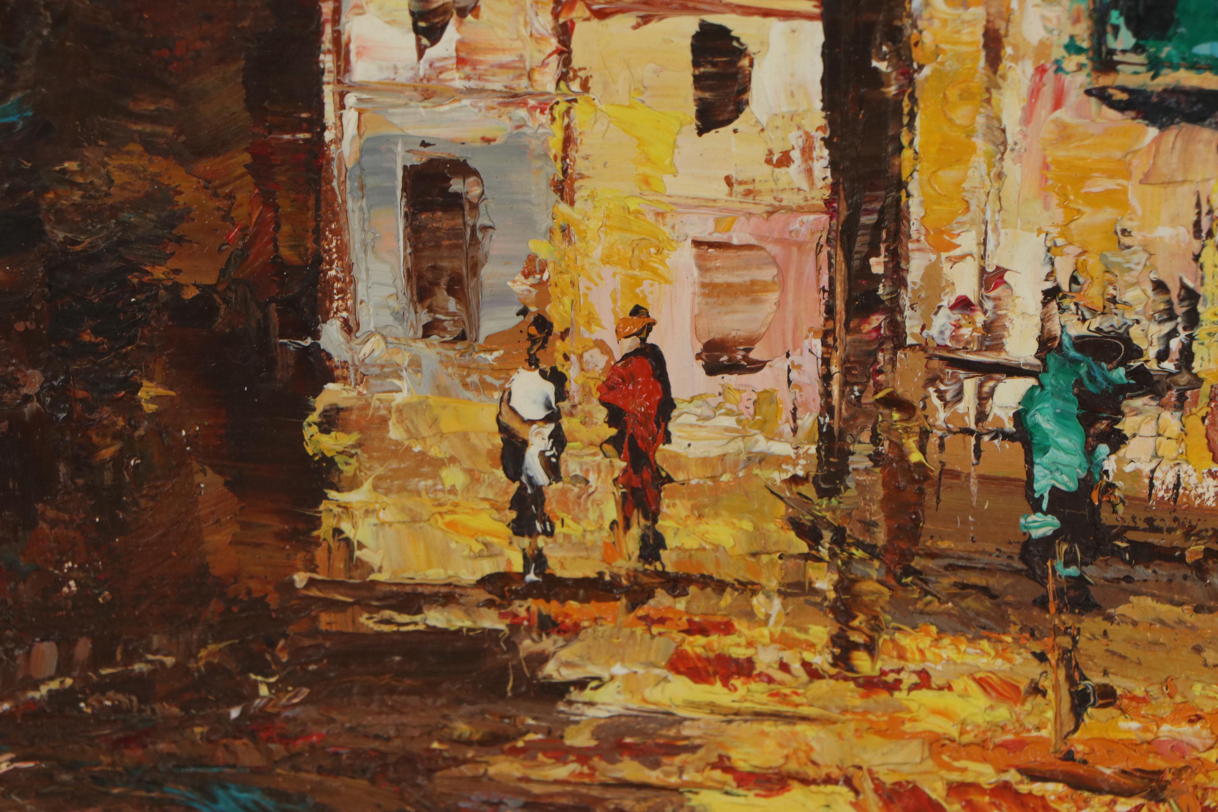Mary Botto European Street Scene Oil Painting, Late 20th Century