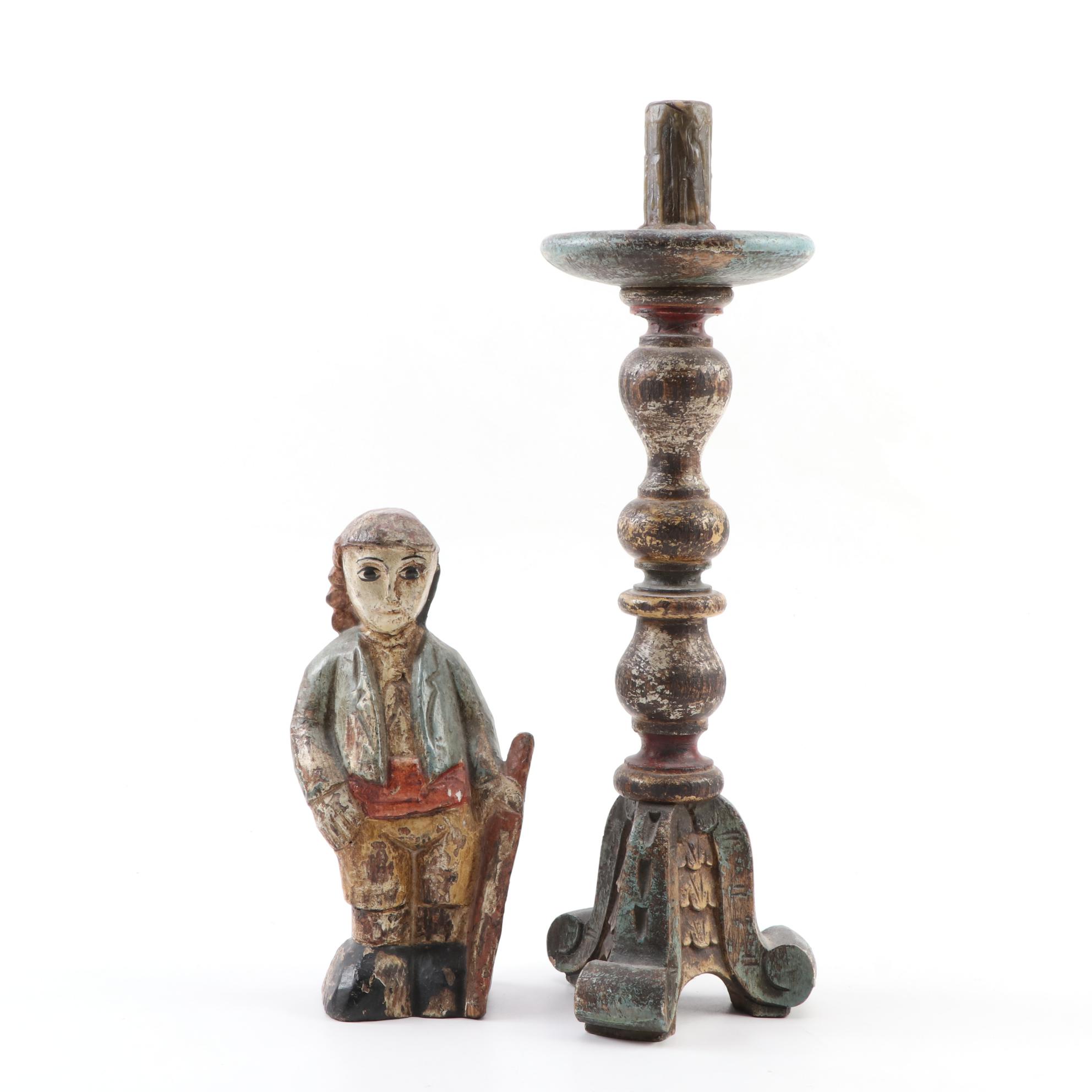 Italian Folk Art Style Wooden Figurine with Painted Hand-Carved Wood Candlestick