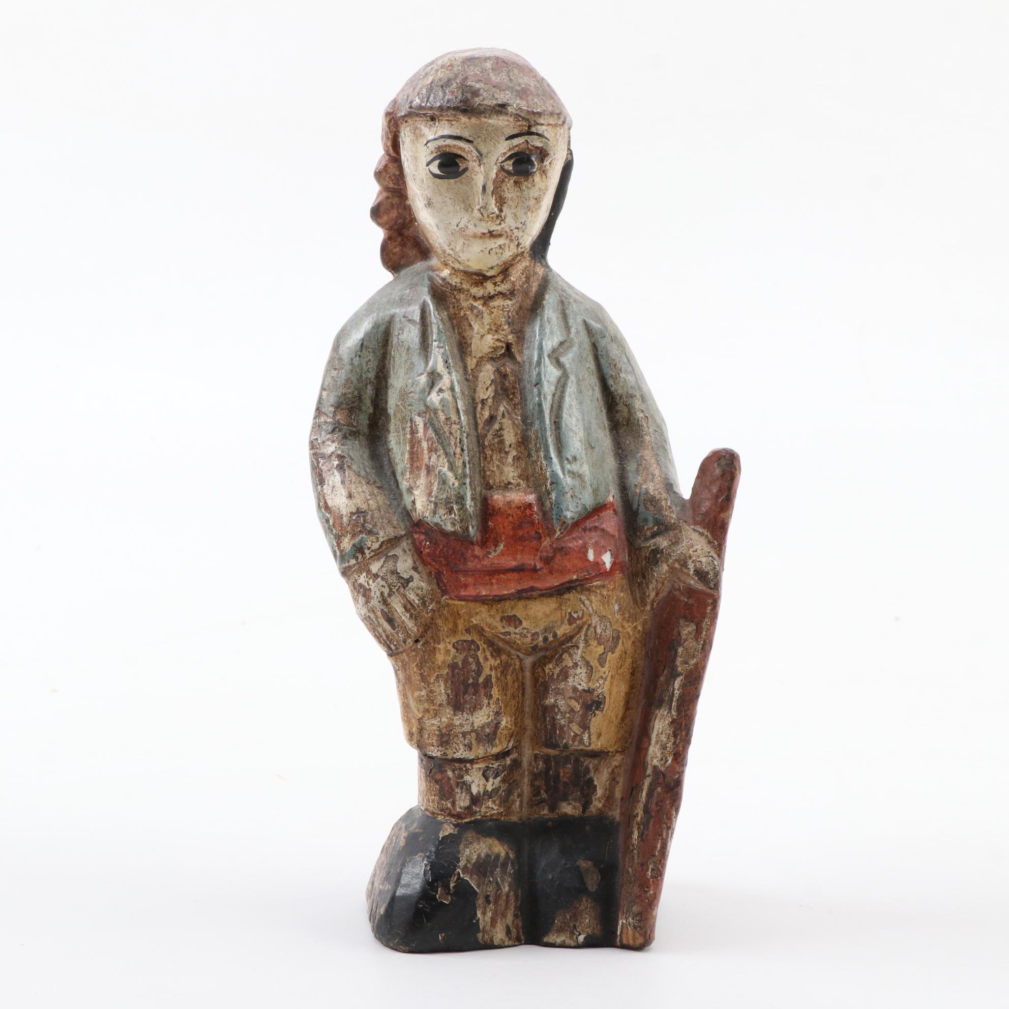 Italian Folk Art Style Wooden Figurine with Painted Hand-Carved Wood Candlestick