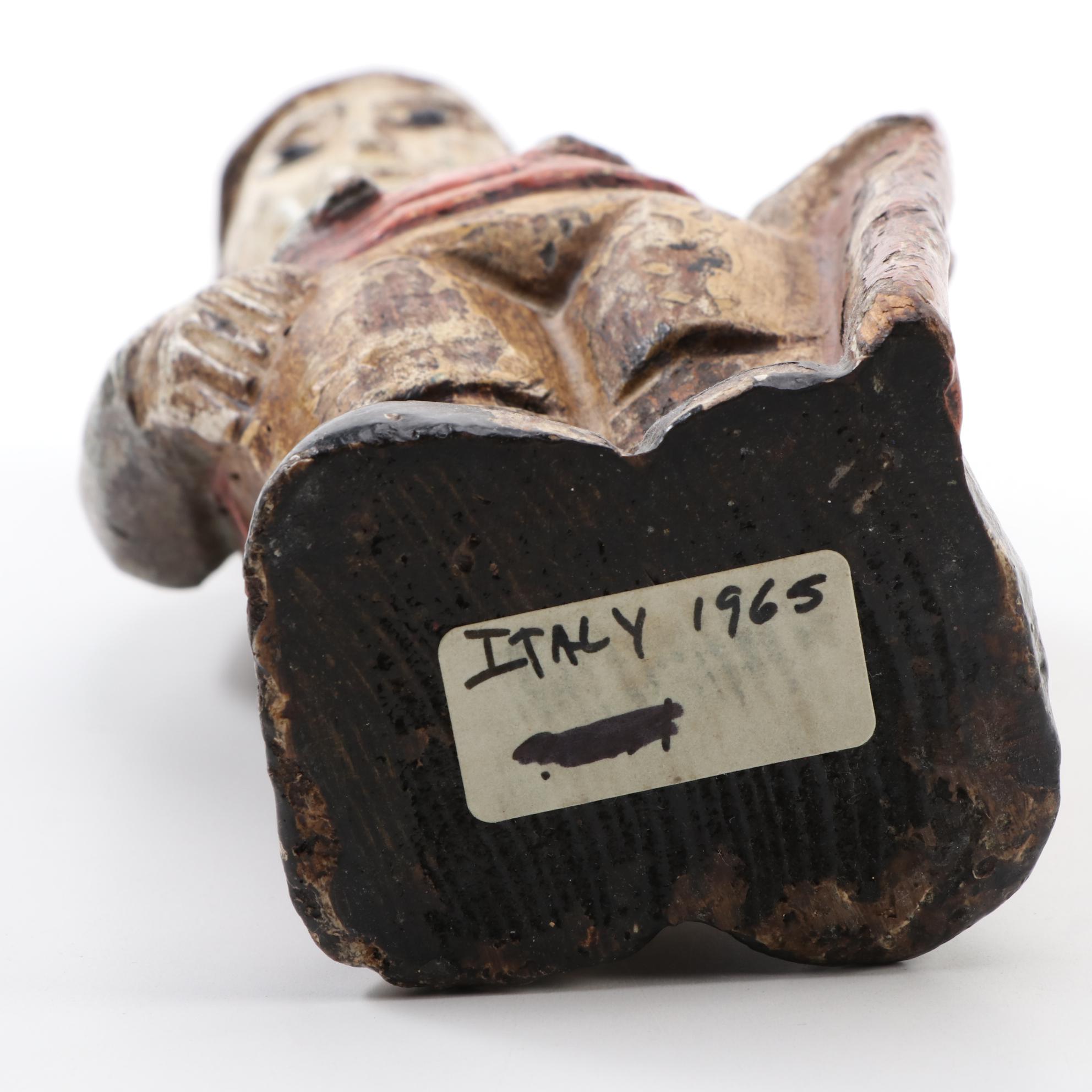 Italian Folk Art Style Wooden Figurine with Painted Hand-Carved Wood Candlestick