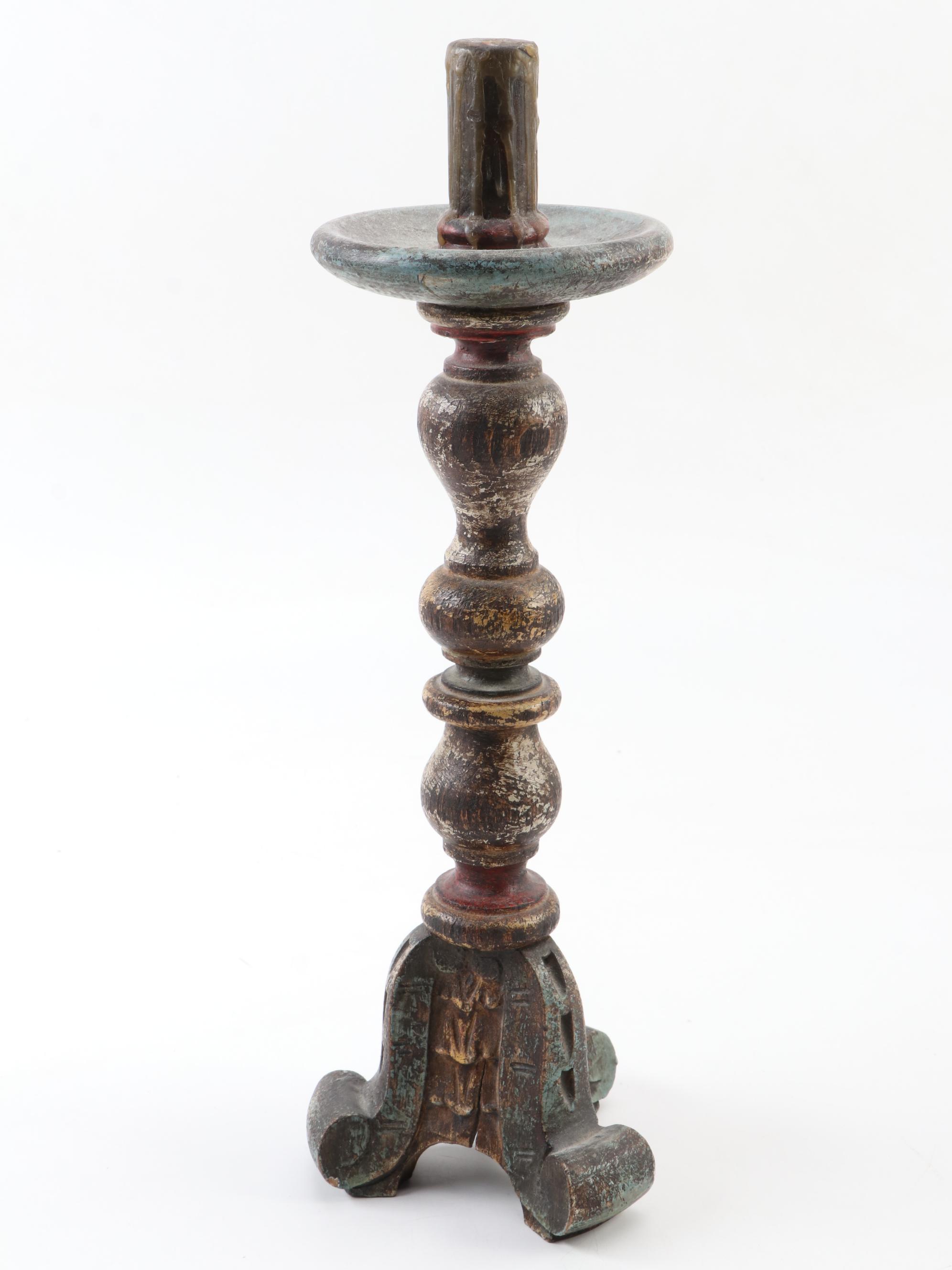 Italian Folk Art Style Wooden Figurine with Painted Hand-Carved Wood Candlestick