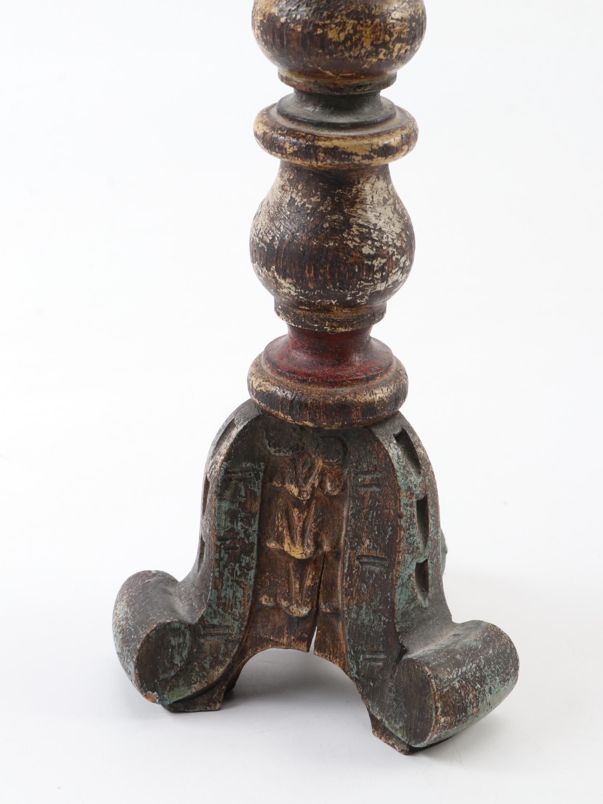 Italian Folk Art Style Wooden Figurine with Painted Hand-Carved Wood Candlestick