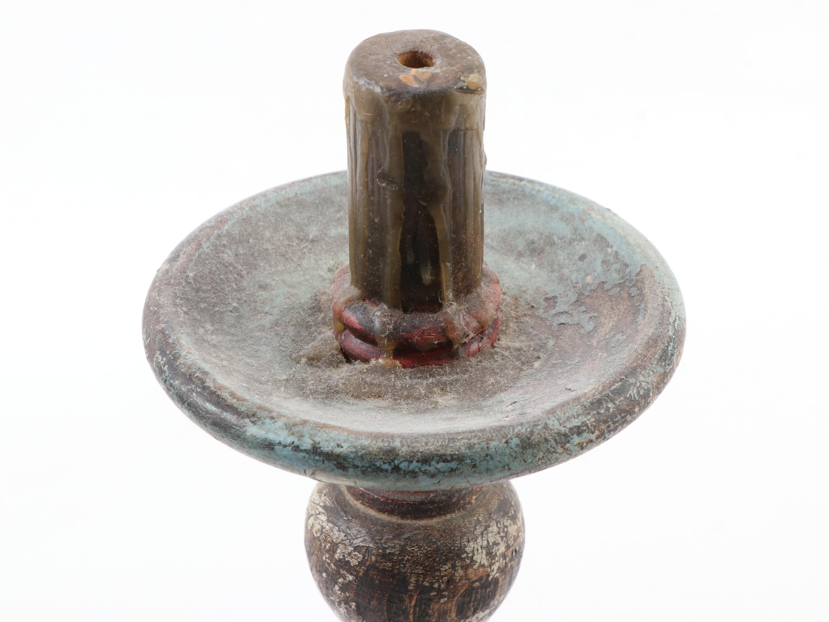 Italian Folk Art Style Wooden Figurine with Painted Hand-Carved Wood Candlestick