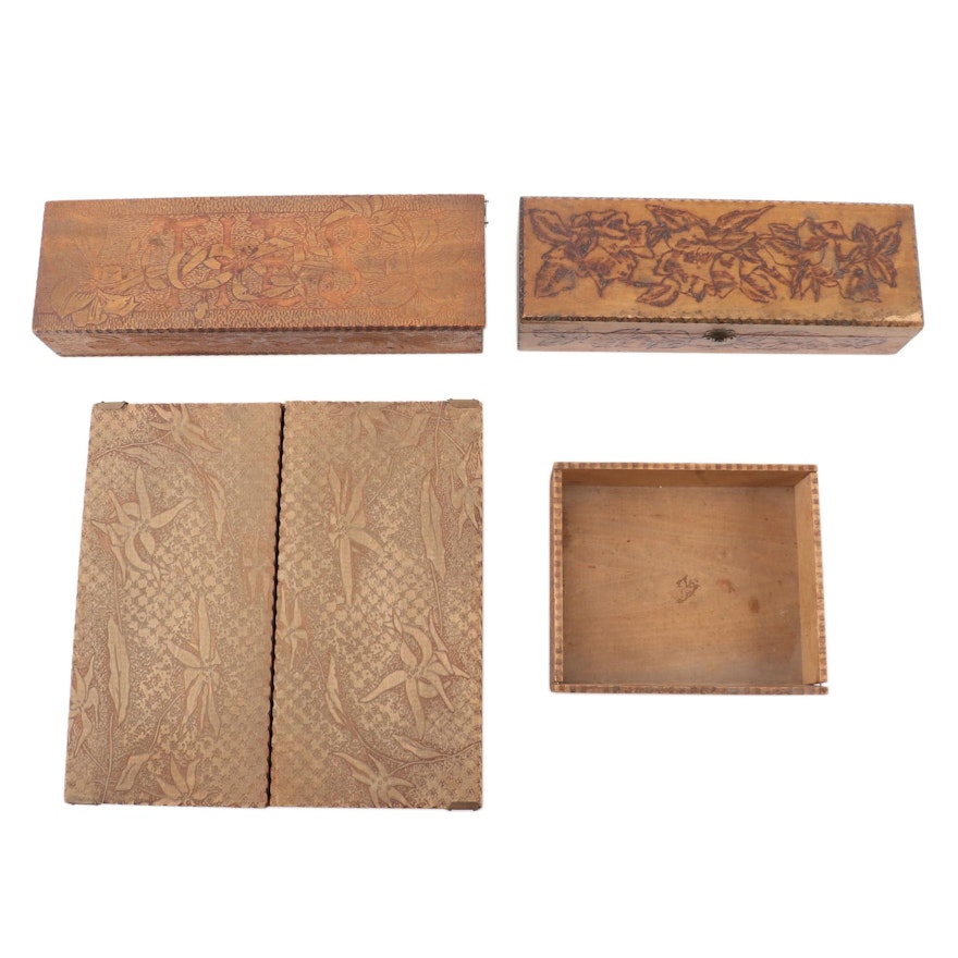 Pyrographic Art Nouveau Wooden Vanity and Handkerchief Boxes, Early 20th C.