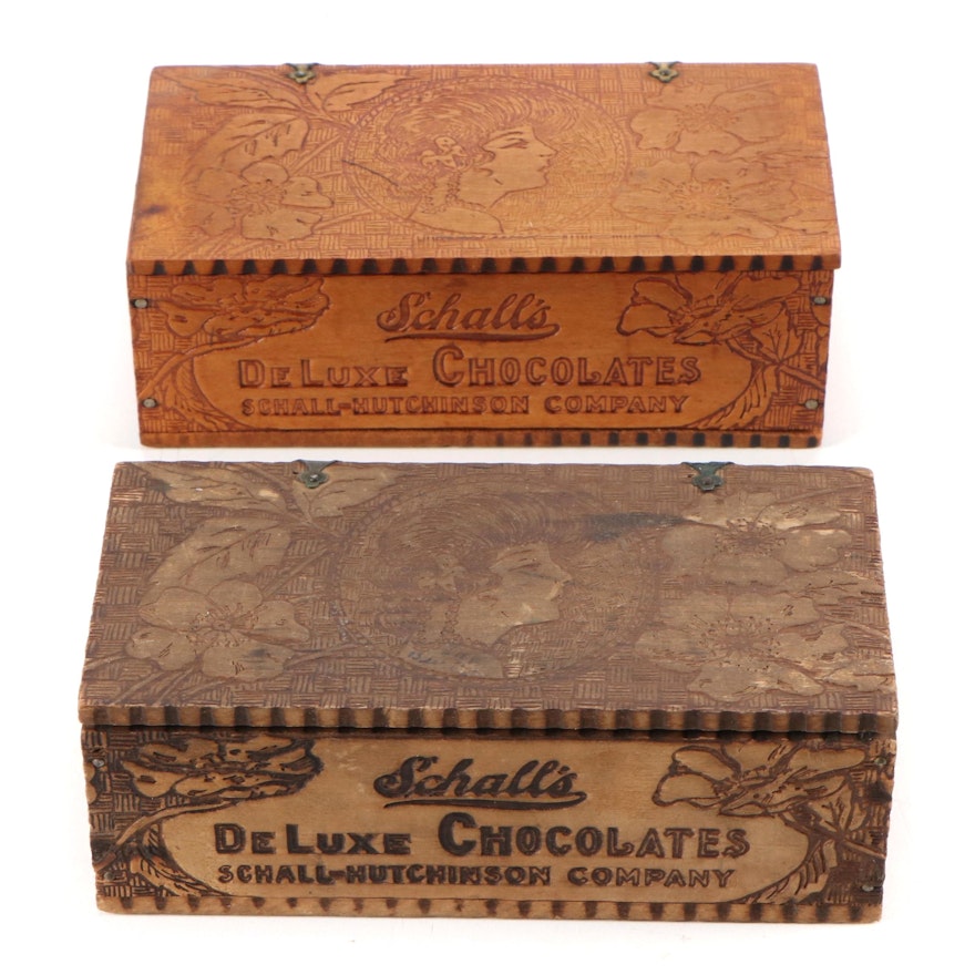 Schall's Deluxe Chocolates Pyrography Wood Boxes, Early 20th Century