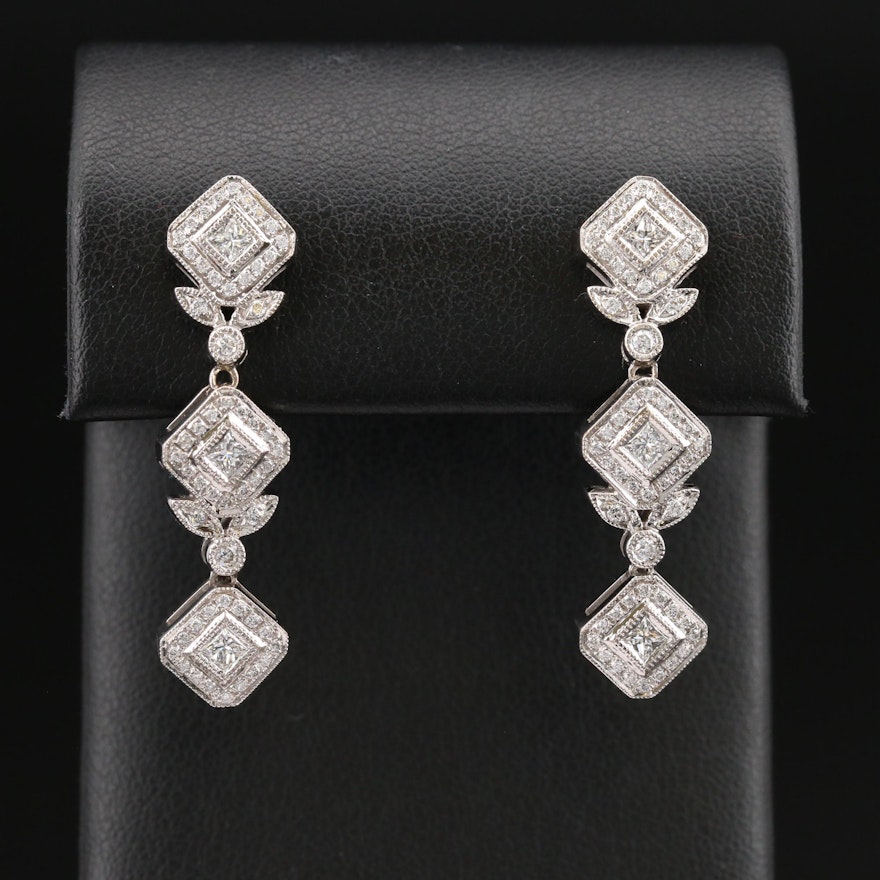 18K 1.10 CTW Diamond Foliate Dangle Earrings with Milgrain Detail