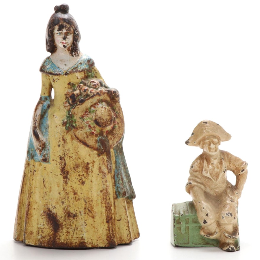 Cast Iron Southern Belle Doorstop and Pirate on Trunk Bookend, Early-Mid 20th C.