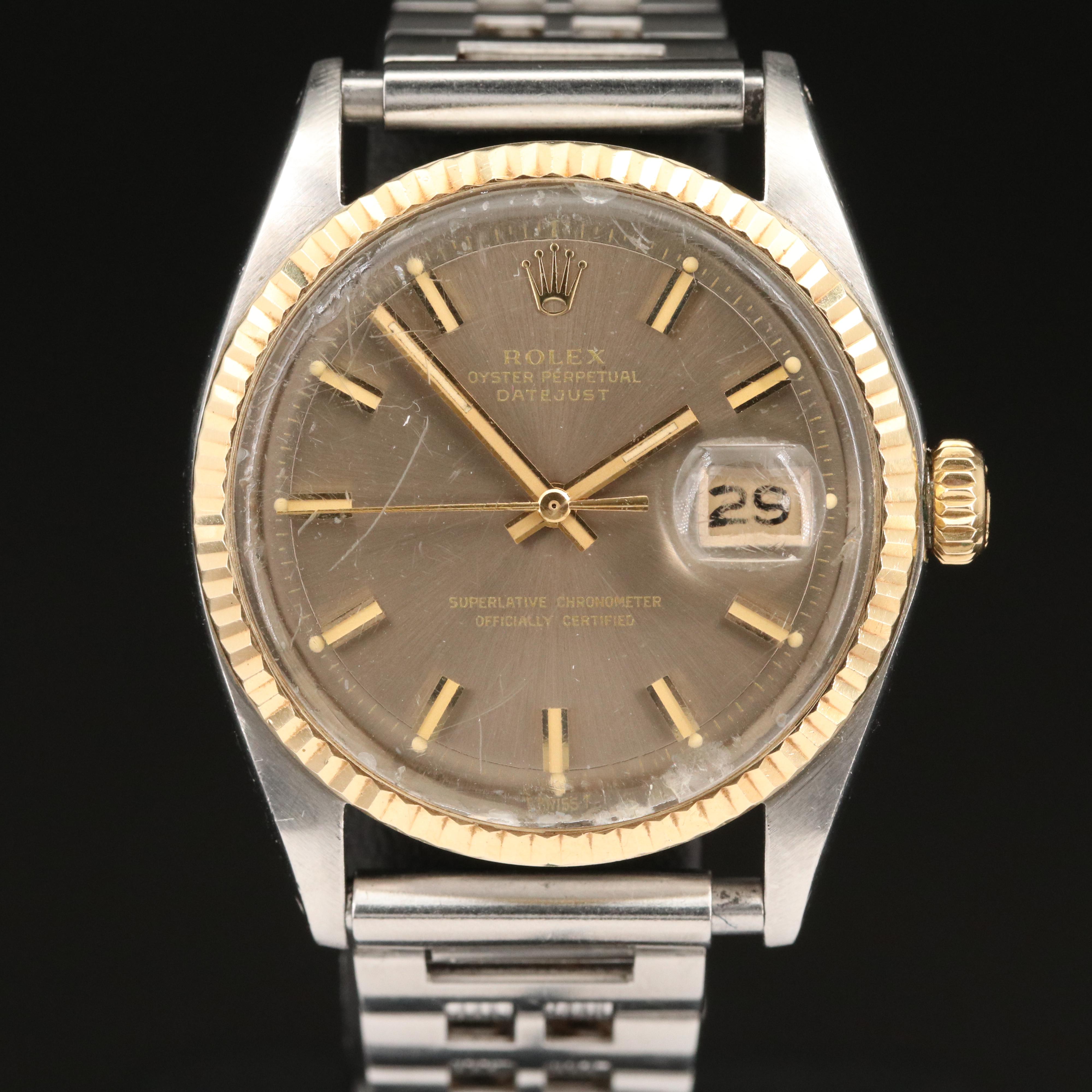 1971 Rolex Datejust 18K and Stainless Steel Watch with Gray Pie Pan Dial