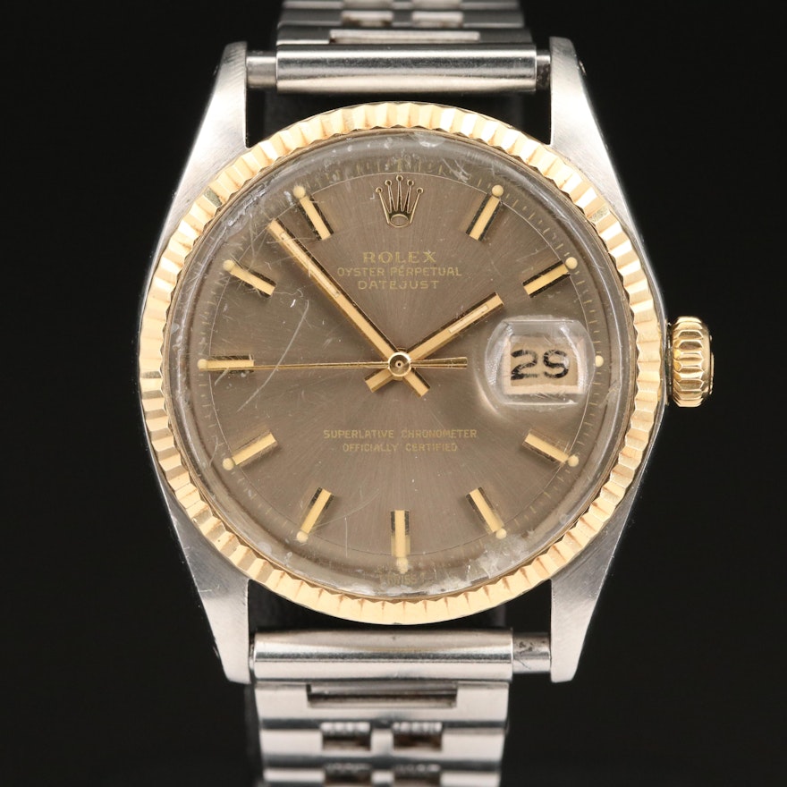 1971 Rolex Datejust 18K and Stainless Steel Wristwatch with Gray Pie Pan Dial